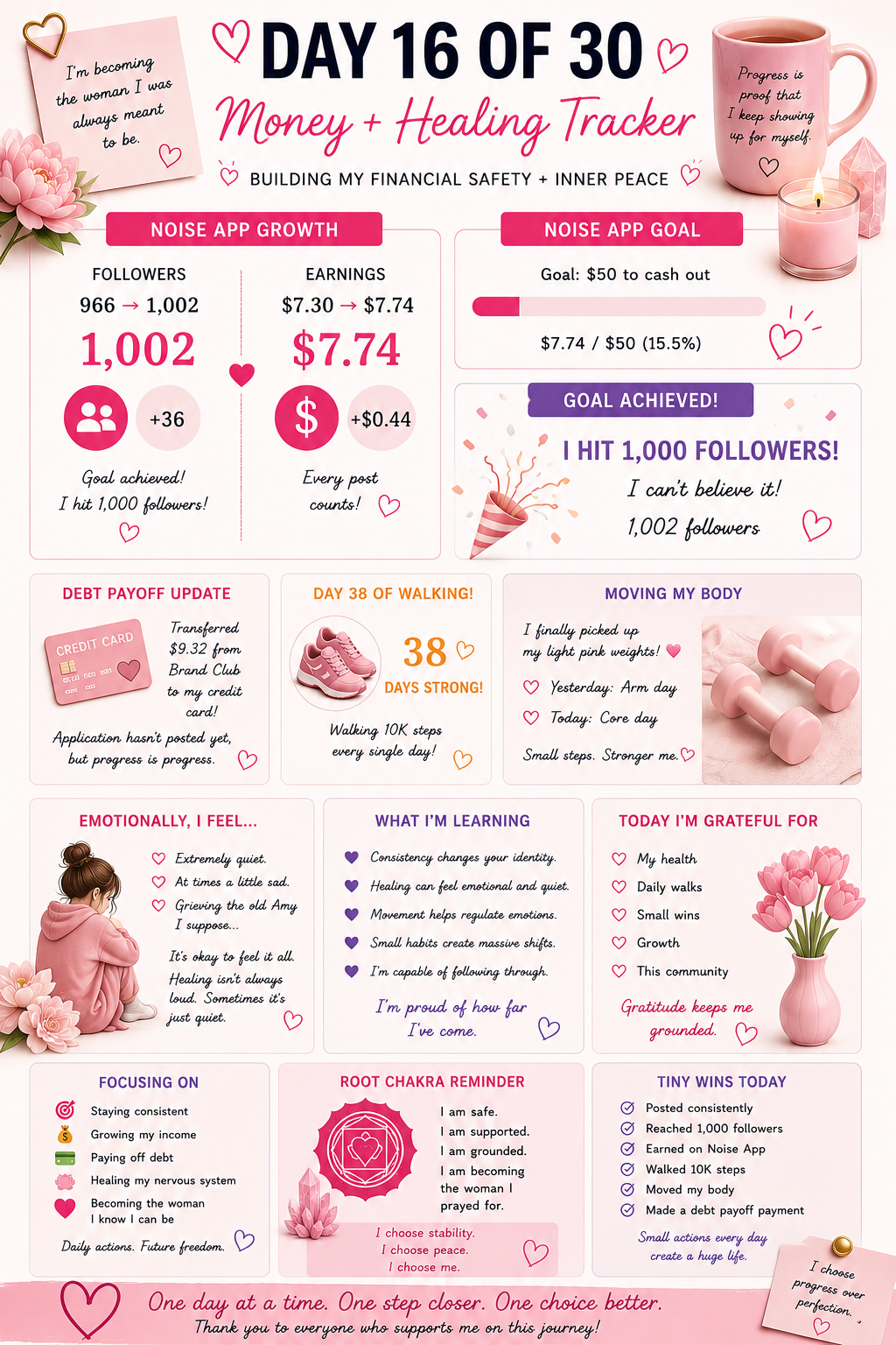Day 16 Results: My 30-Day Noise App Experiment (I Hit 1,000 Followers 😭💗)