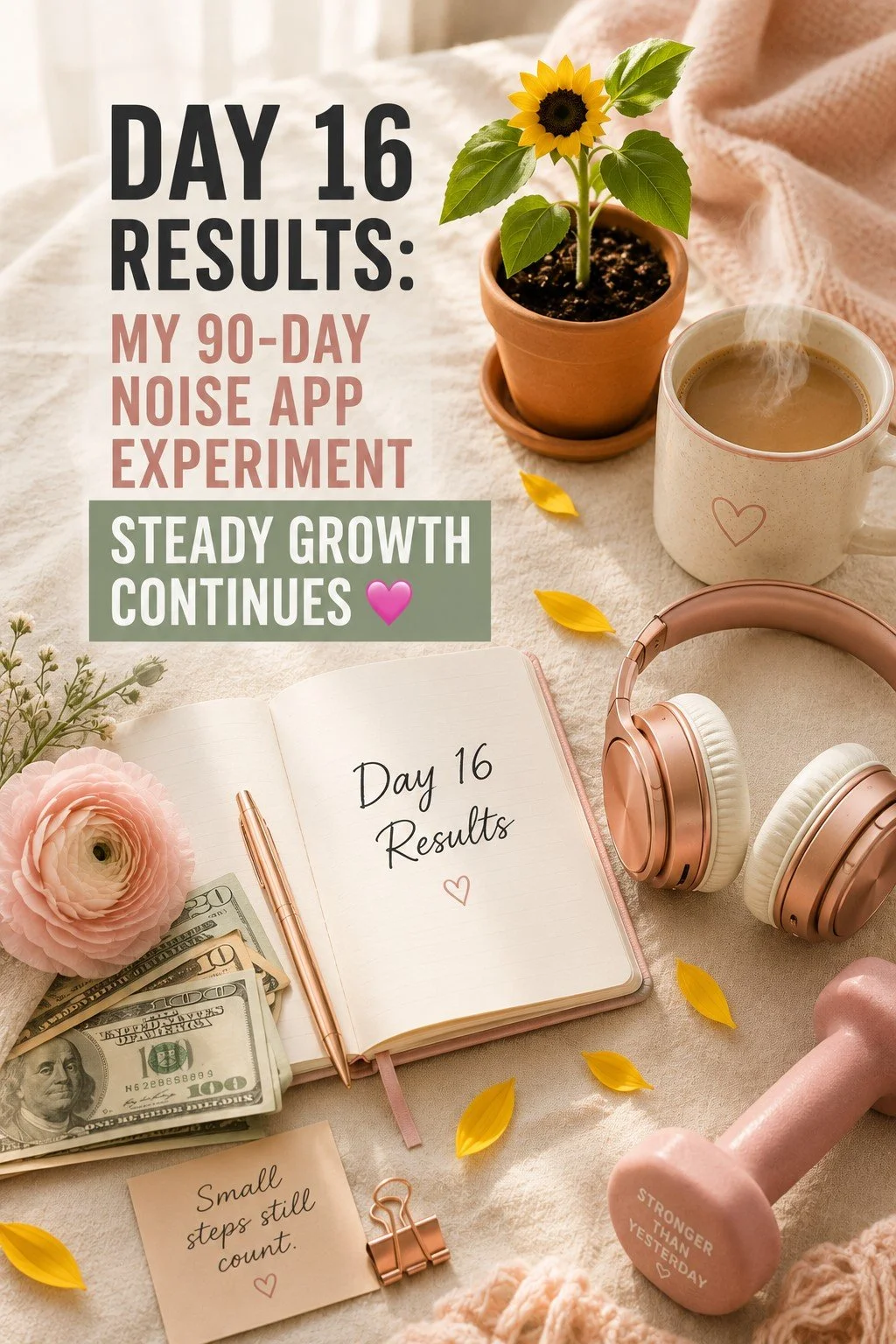 Day 16 Results: My 90-Day Noise App Experiment (Steady Growth Continues 💗)