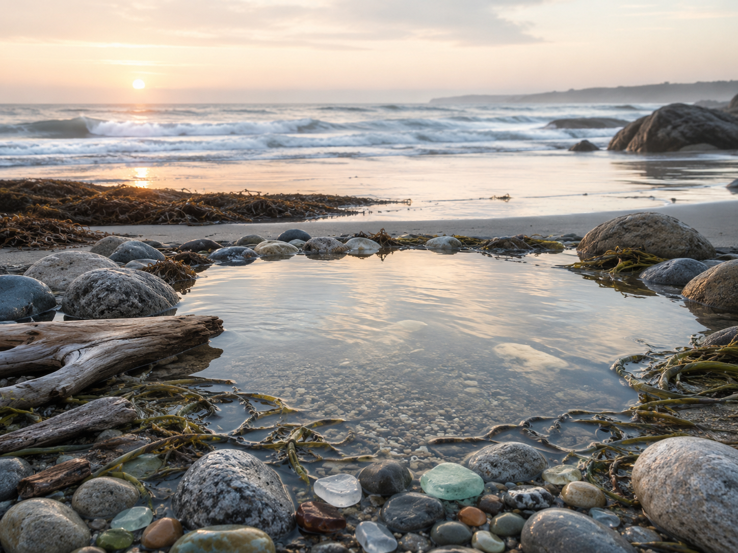 Rocky ocean tide pool reflecting the sky at sunrise, surrounded by seaweed, driftwood, and smooth stones, symbolizing body image healing and self reflection.