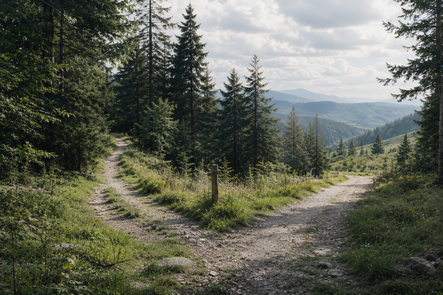 A forest trail splits into two winding paths, one leading through a shaded grove of evergreen trees and the other opening toward a bright mountain valley beneath a partly cloudy sky.