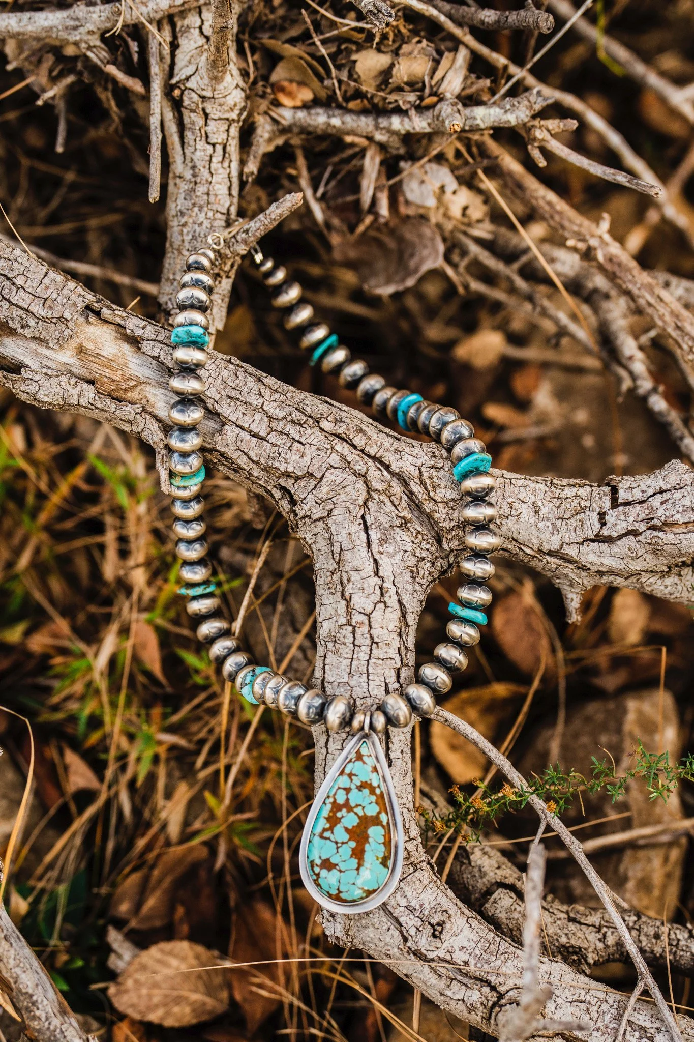 Stamped sterling silver Navajo Pearls with Royston Turquoise Pendant