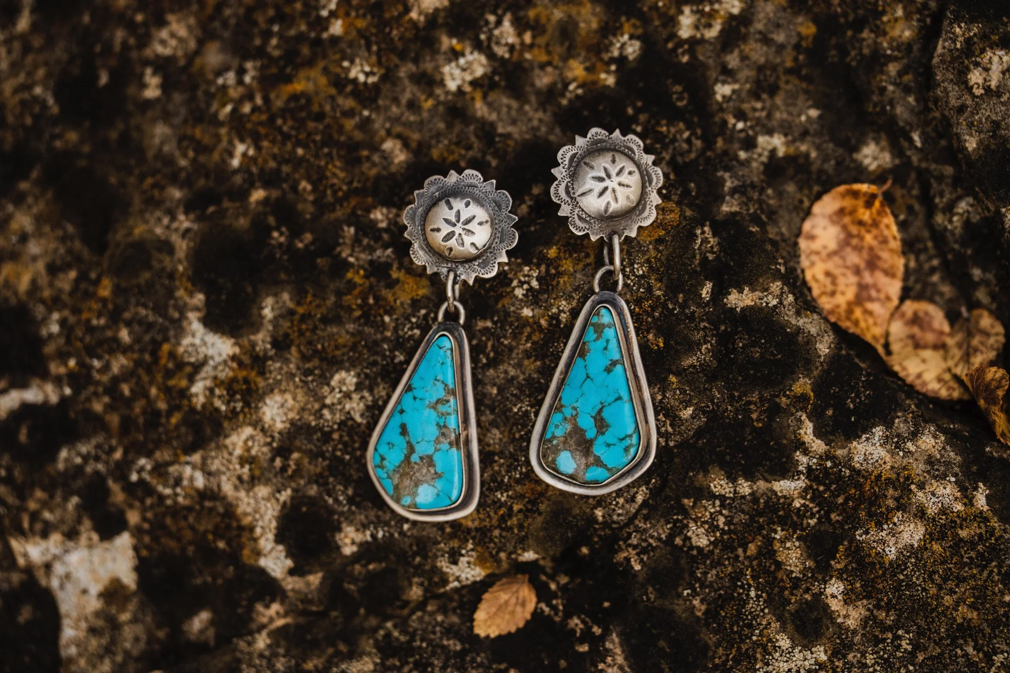 Kingman Turquoise Earrings on Vintage Sterling Silver Conchos