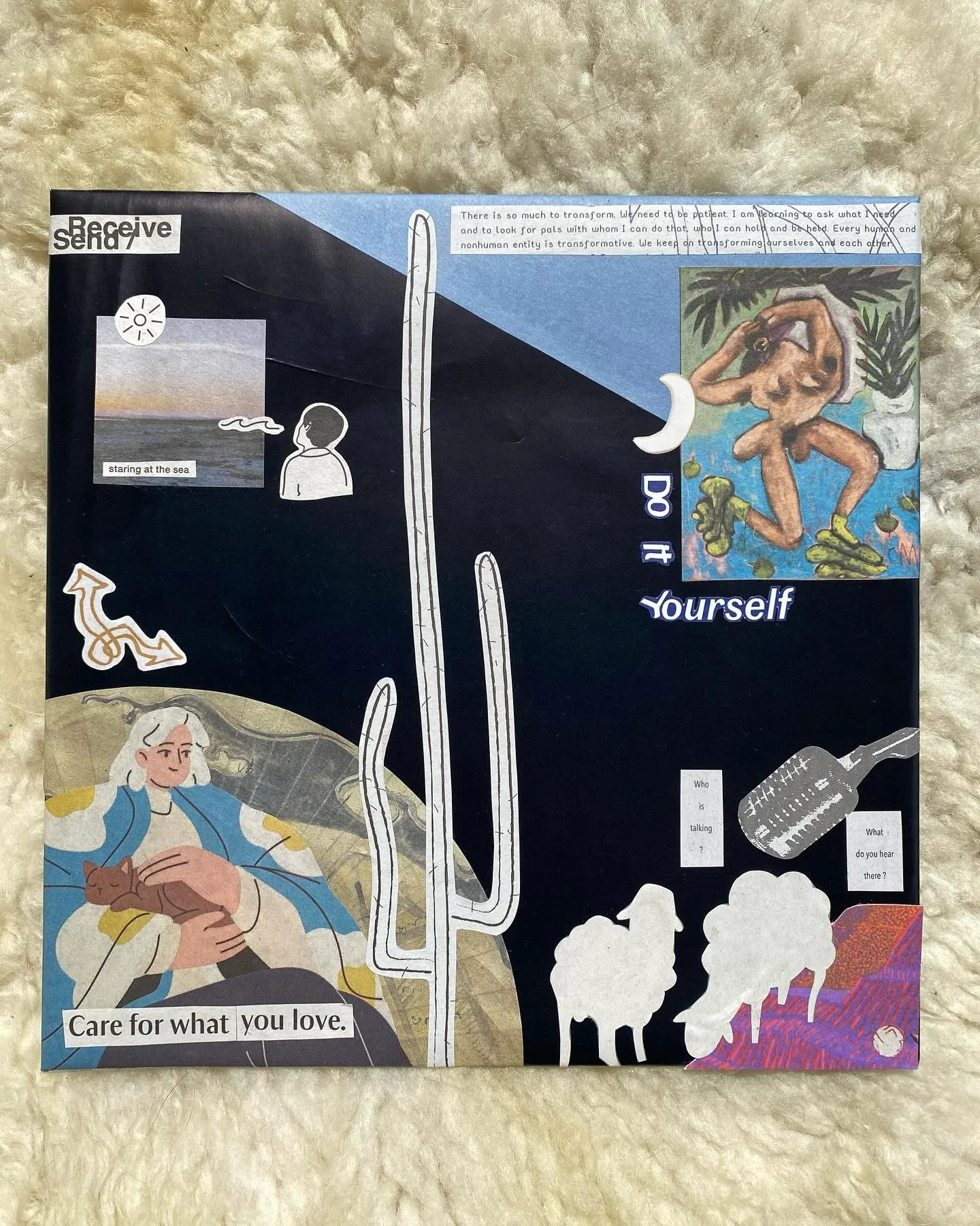 A reflection, pieced together.

This collage came from a place of observation&mdash;both inward and outward.
It holds fragments of internal restlessness, questions about how I move through the world, and the search for stillness in the middle of it a