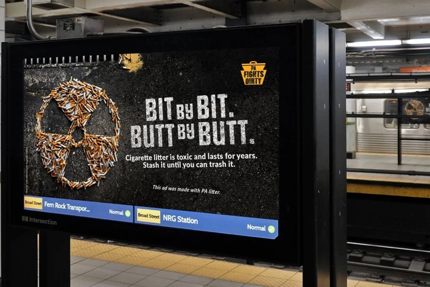 Under the new brand line, PA Fights Dirty, the campaign provided specific information using real trash from PA roadways. The corresponding TV spots used stop-motion video and sound design. Click image to see TV spot.