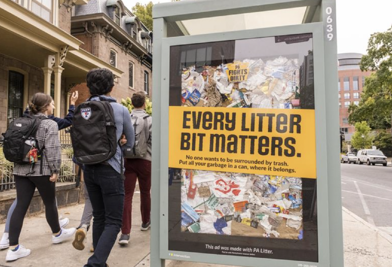 PA litter-filled bus shelters helped residents experience the issue of accumulating litter. 