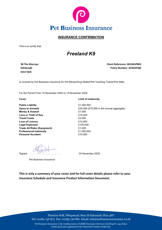 Proof of Pet Business Insurance certificate for Freeland K9 dated November 2023