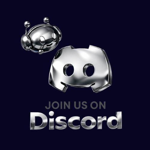Silver Discord mascot and logo with the text "Join us on Discord" in front of a dark background.