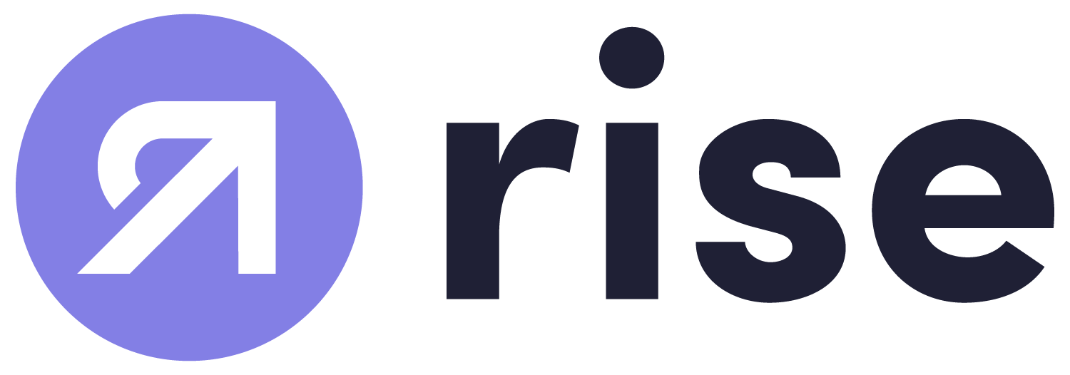 The image features the logo of Rise with a purple circle containing a white upward arrow, followed by the word 'rise' in lowercase black letters.