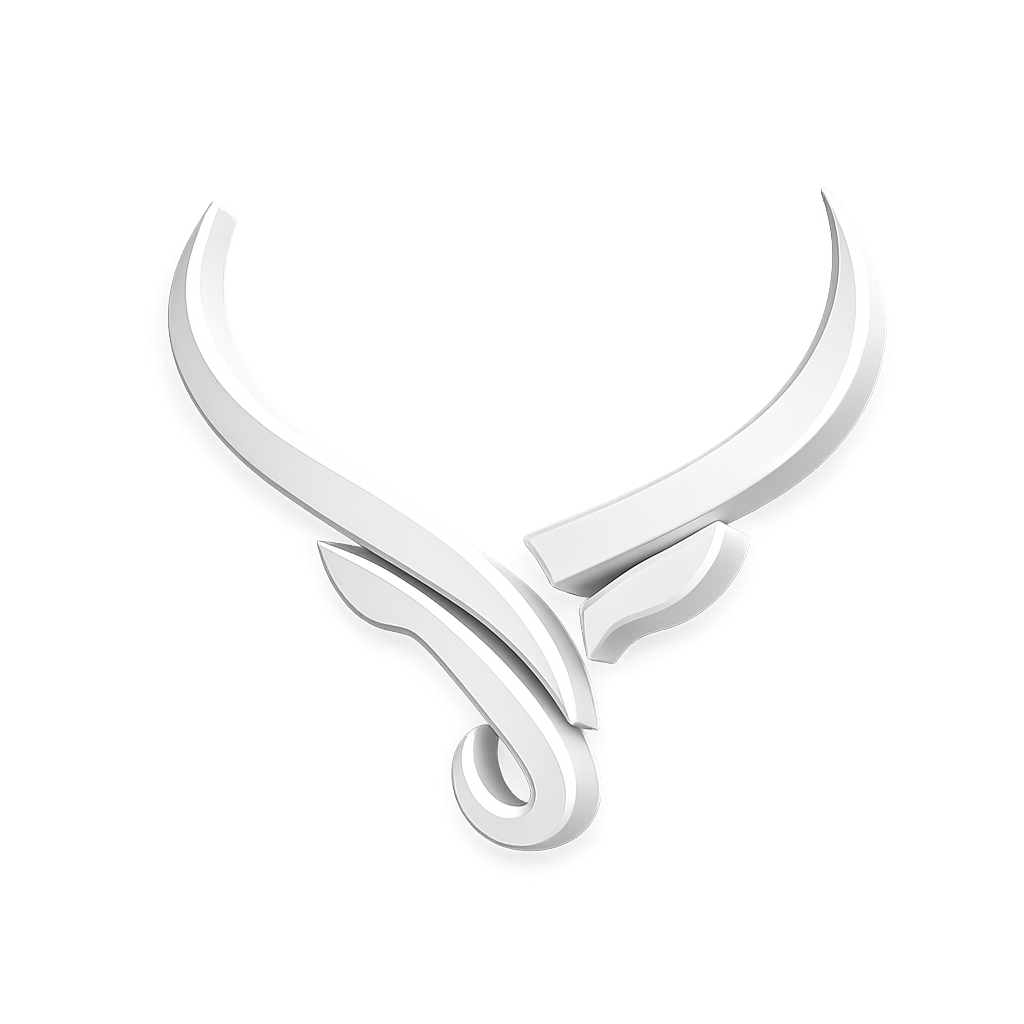 A close-up of a white, ornate, stylized letter 'Y' with decorative curves and a three-dimensional appearance.