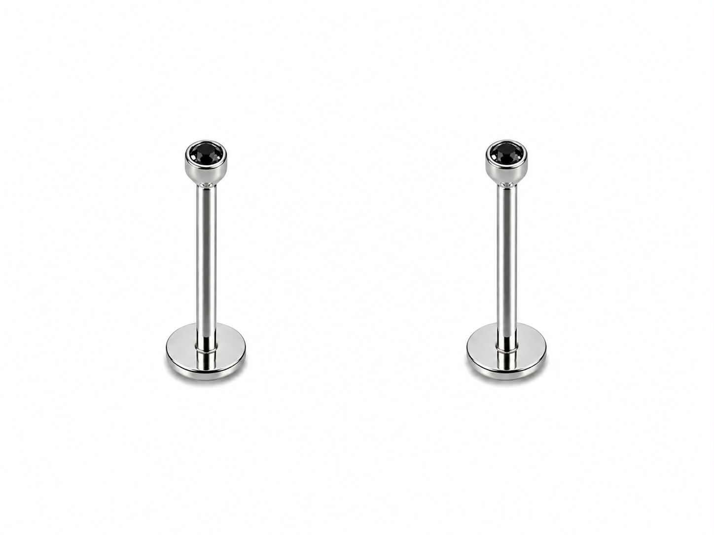 PAIRE Labret argent cup pierre noire tige 6mm