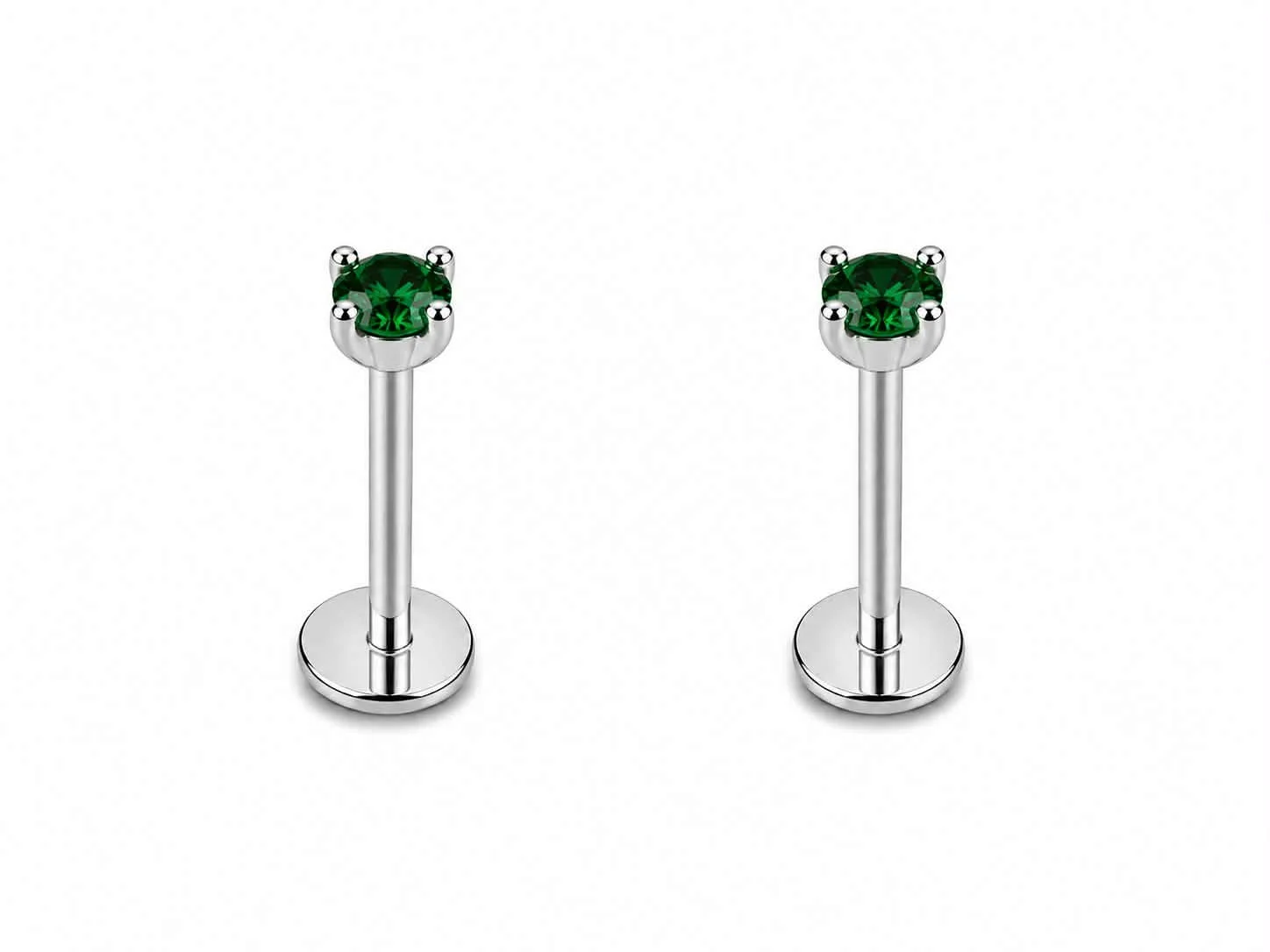 PAIRE Labret argent pierre emeraude tige 8mm