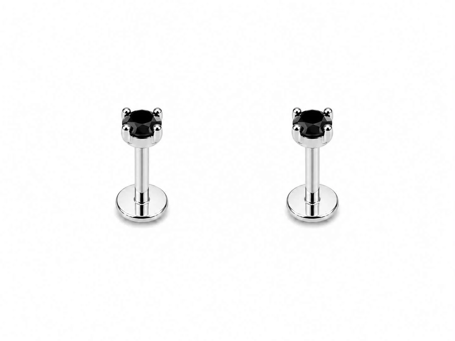 PAIRE Labret argent pierre noire tige 12mm