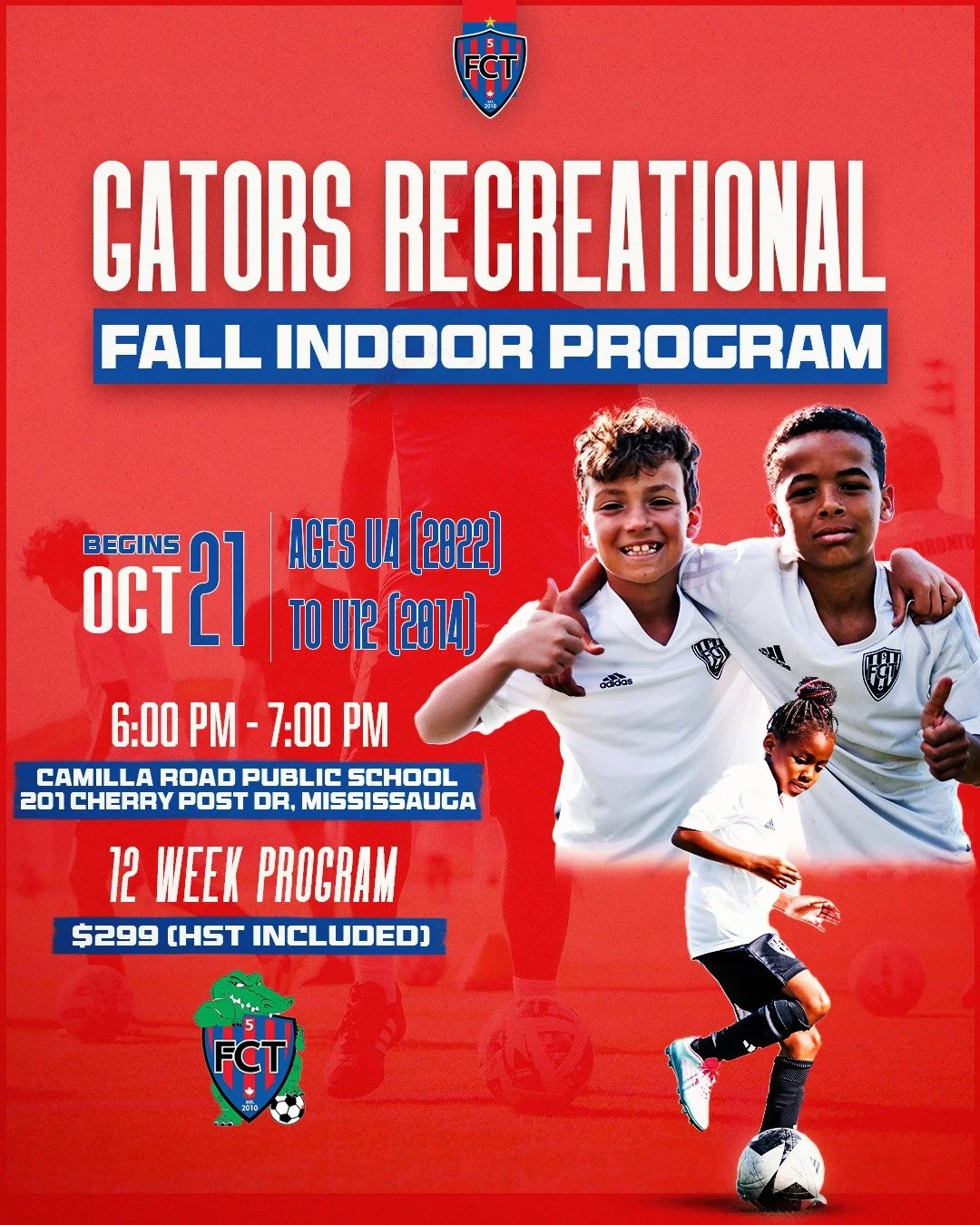 Reminder: The Fall Gators Program starts Tuesday, Oct 21 at Camilla Road Senior Public School.

Ages U5&ndash;U12 | $299 + HST | 12 weeks. 

This is your chance to really develop and learn the beautiful game ⚽

Register now to secure your spot. 🔗

#