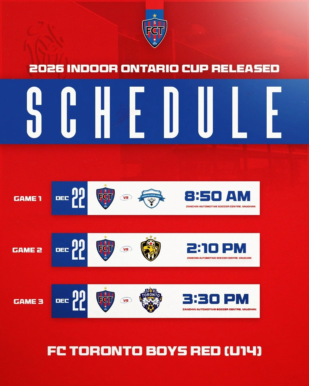 The 2026 Indoor Ontario Cup matchups are in 👀⚽

Swipe to see who our 2012 squads facing.

Let the work begin.

#IAmFCT #FutsalClubToronto #OntarioCup