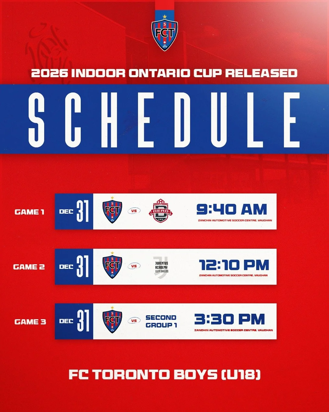 Our 2026 Indoor Ontario Cup U18 matchups are in ⚽

Best of luck to our lads competing tomorrow!!

#IAmFCT #FutsalClubToronto #OntarioCup