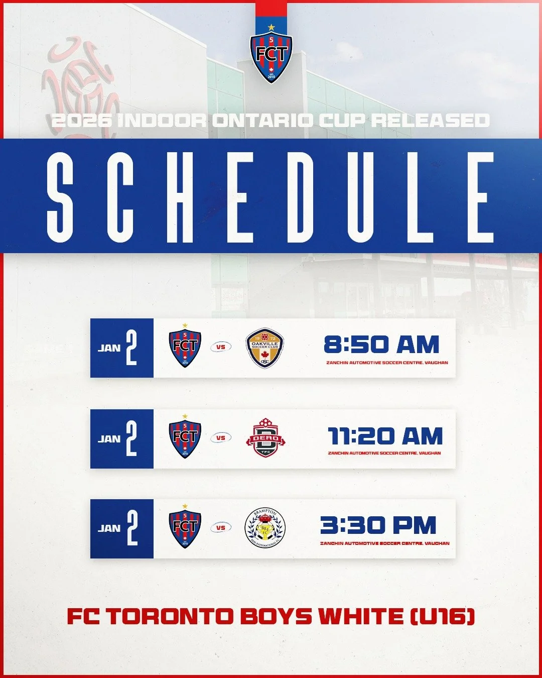 Our 2026 Indoor Ontario Cup U16 matchups are in!! ⚽

Swipe to see who our U16s are facing. 👀

#IAmFCT #FutsalClubToronto #OntarioCup