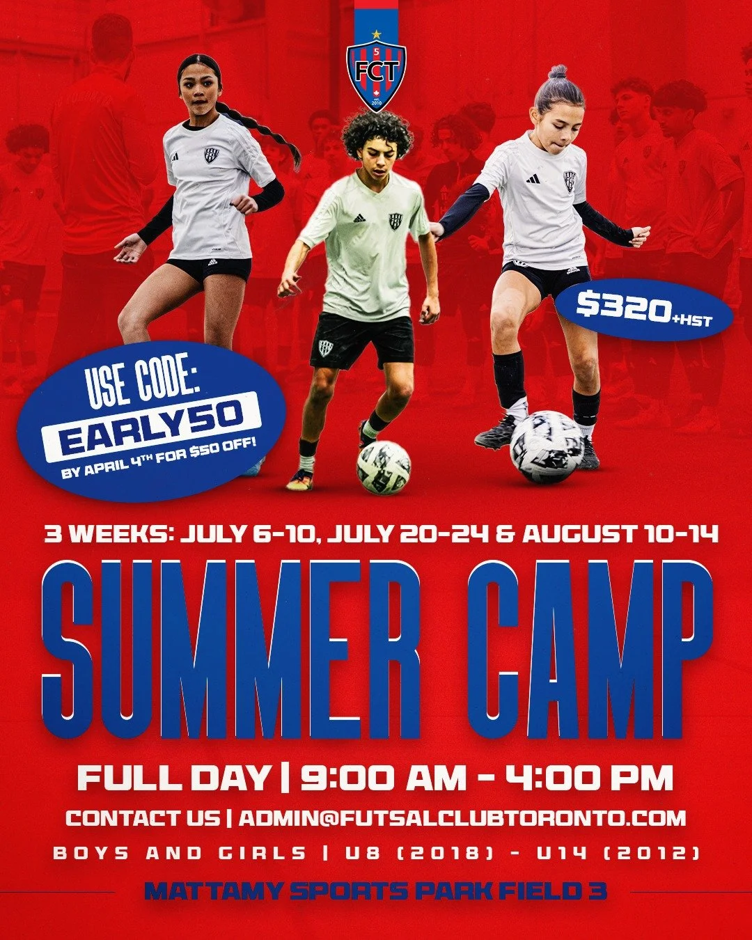 ☀️⚽ FCT Summer Camps are HERE!

Join us at Mattamy Sports Park &ndash; Turf Field 3 for a full day of soccer, development, and fun all summer long.

🗓 Full Day Camp | 9:00am&ndash;4:00pm
👥 U8 (2017) &ndash; U14 (2012)

High-energy sessions, focused