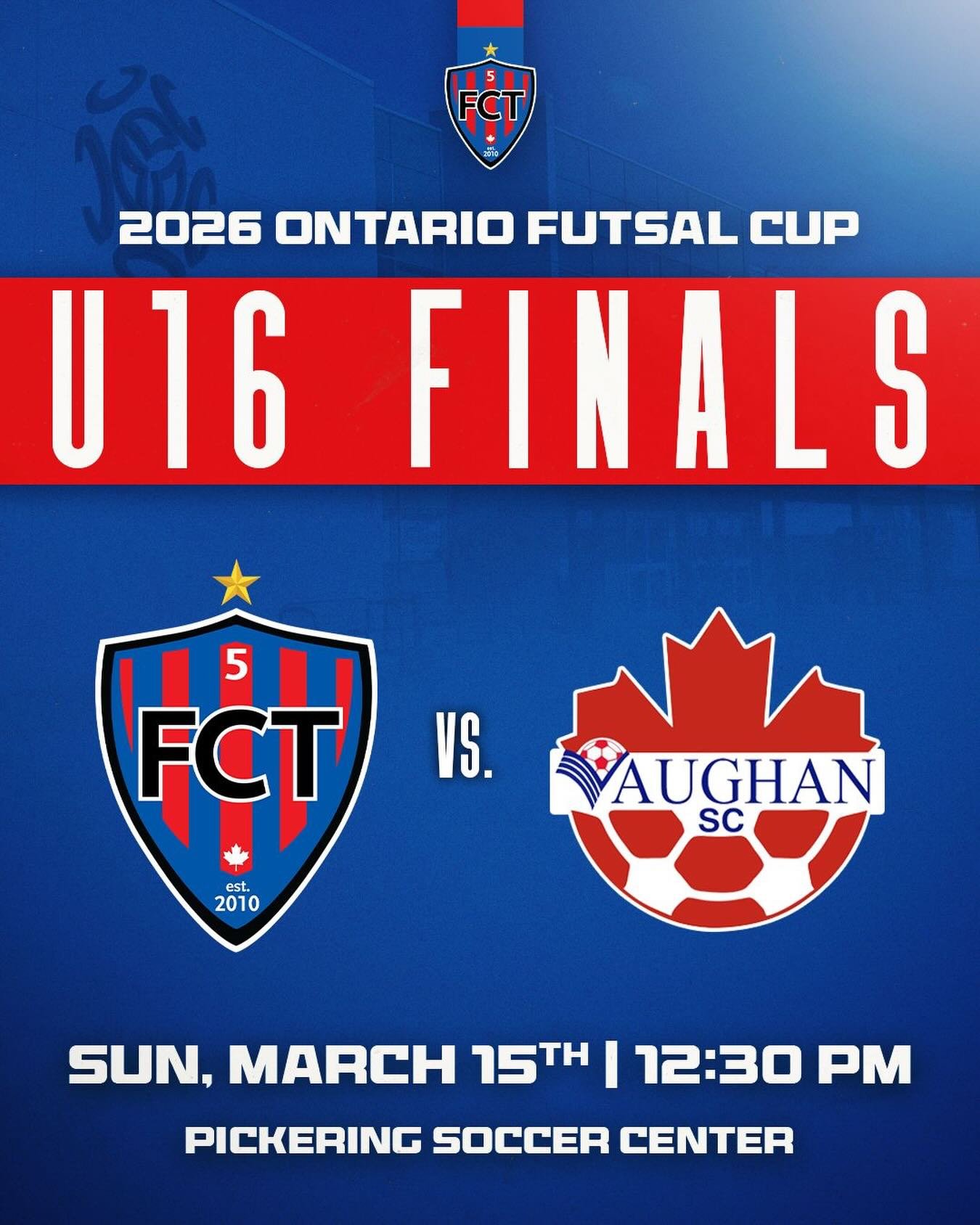 U16 Boys Ontario Futsal Cup Final ⚽🔥

📍Pickering Soccer Centre
⏰ 12:30 PM

Best of luck to our boys as they compete for the Ontario Futsal Cup title. 

Let&rsquo;s go FCT👊❤️💙

#IamFCT