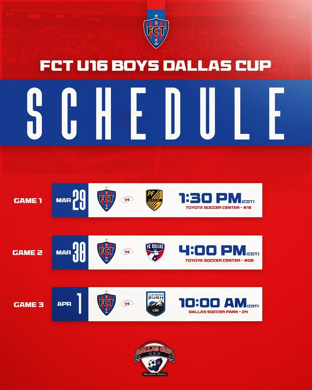 Dallas Cup weekend is here. 🔴🔵

Our U16 Boys are set and ready to compete on one of the biggest stages.

Time to represent, compete, and make it count. 👊

#FCT #DallasCup #FutsalClubToronto #GameTime