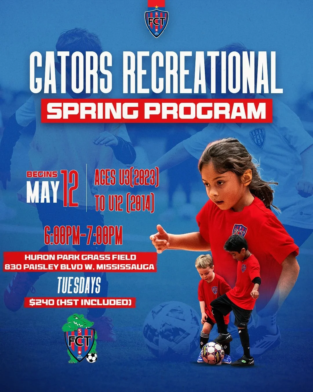 Gators Spring Program is here. 🐊⚽

FC Toronto is launching our Gators Recreational Srping Program &mdash; built for fun, development, and a great environment for young players.

👥 U3 (2023) &ndash; U12 (2014)
📅 Tuesdays
📍 Huron Park &ndash; Grass