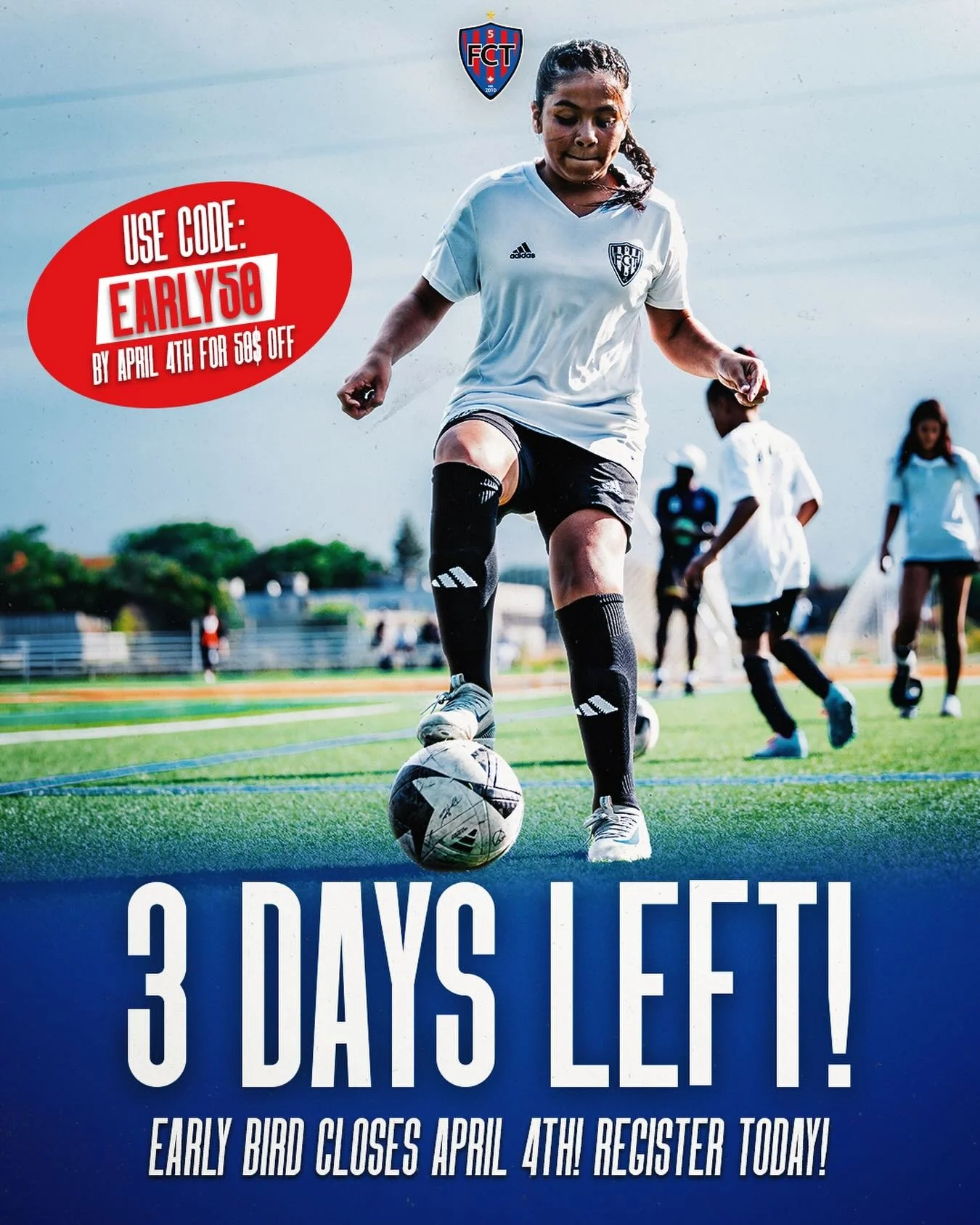 🚨 3 days left to save $50.

Early Bird closes April 4th. Use code EARLY50 at checkout and lock in your week at FCT Summer Camp before the price goes up.

3 weeks of full-day soccer this summer &mdash; don&rsquo;t miss it.

🗓 July 6&ndash;10 | July 