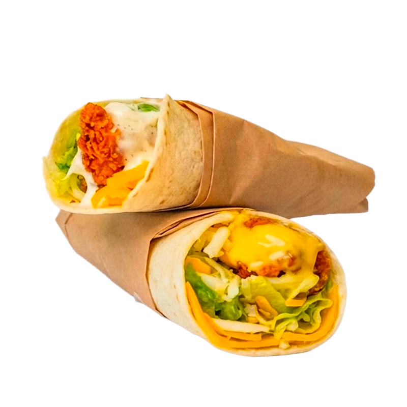 Two burritos in wrapping paper with lettuce, cheese, and other fillings visible.