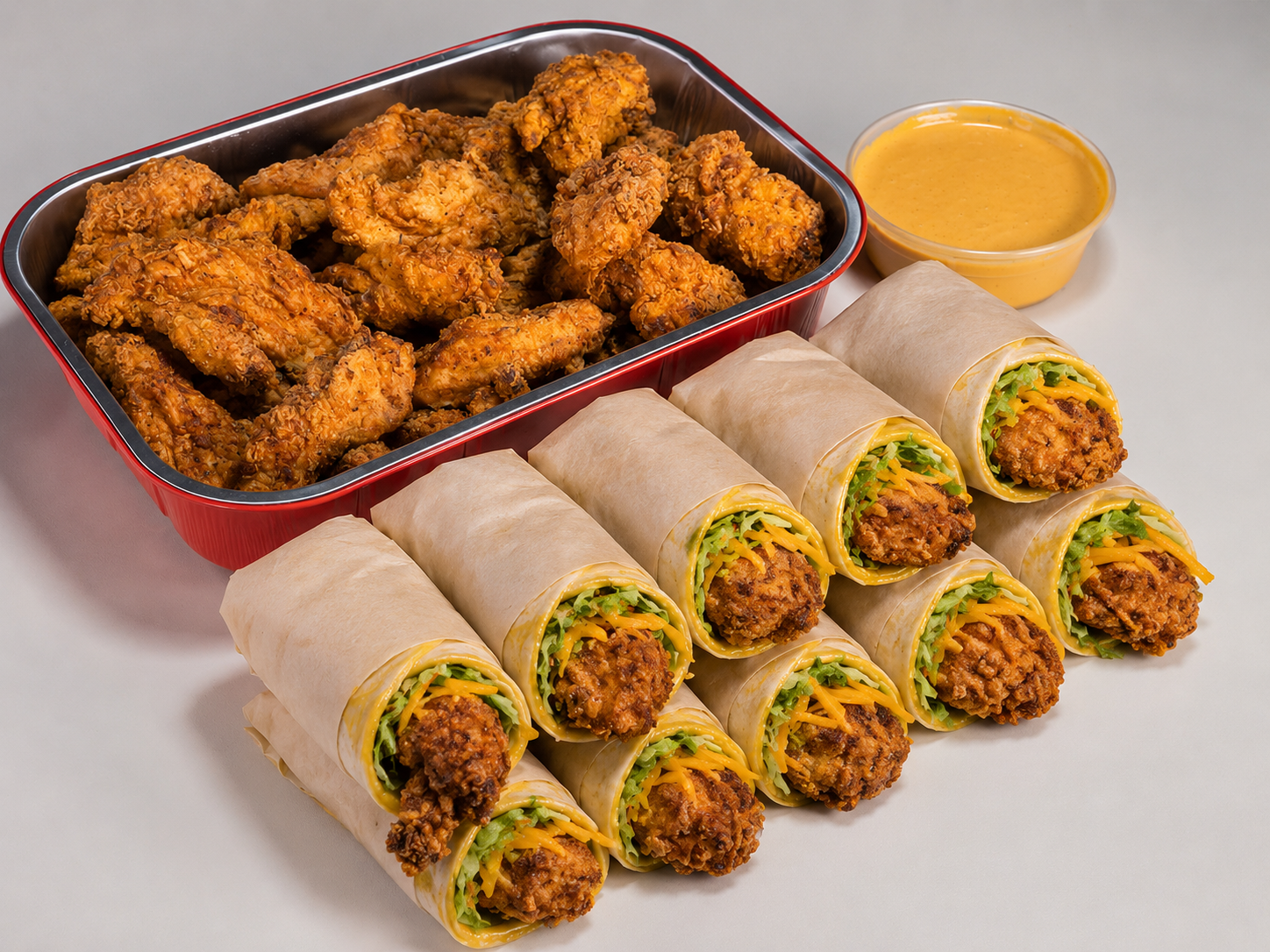 25 piece tender platter, 10 tender wraps and a large container of sweet sriracha sauce