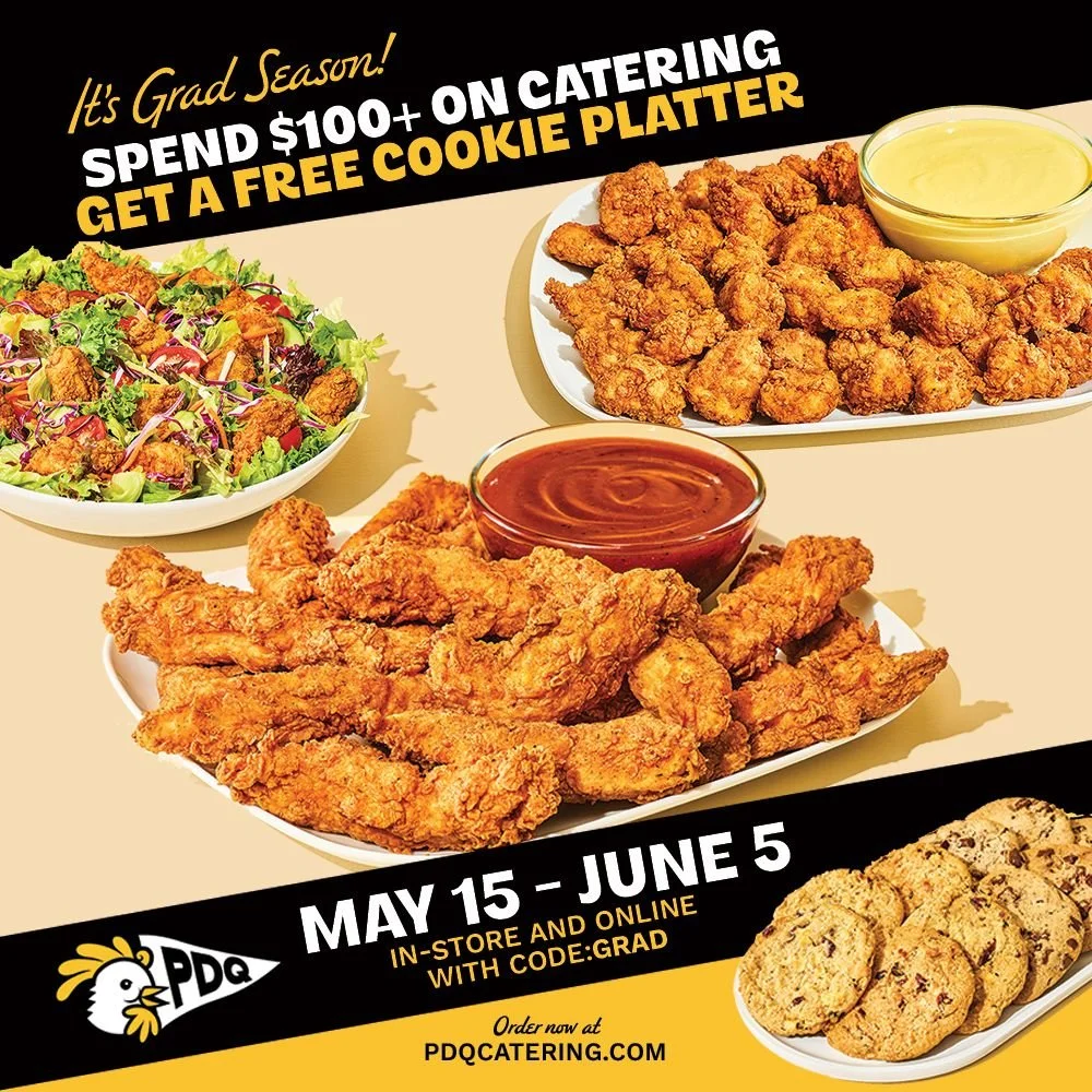 Graphic promoting a grad season offer: spend $100+ on catering, get a free cookie platter