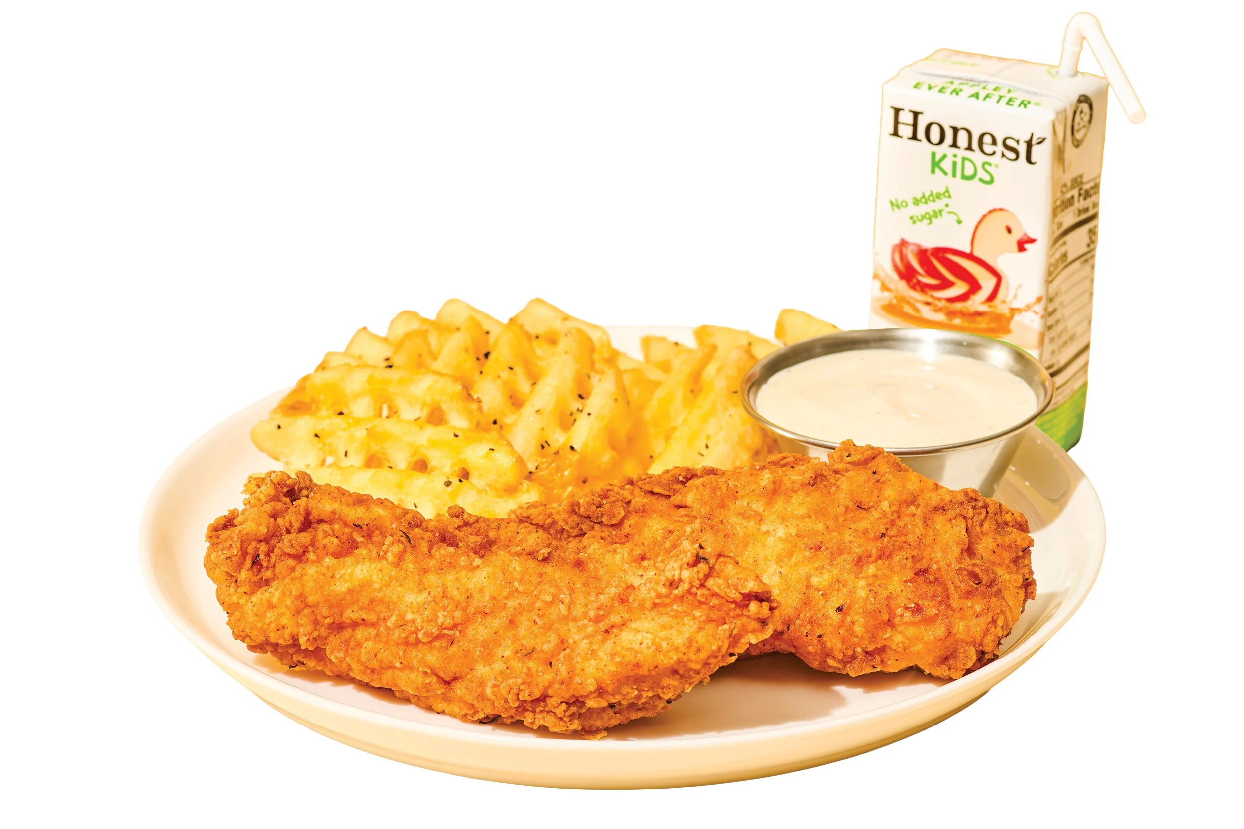 photo of kids chicken tender meal with fries and juicebox