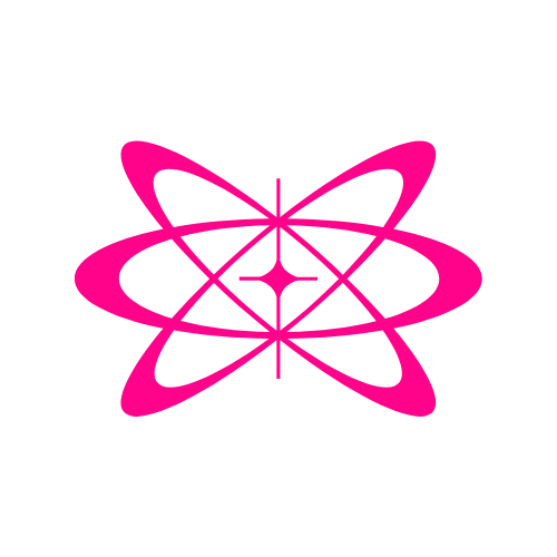 A pink atom symbol with orbital paths and a central star on a black background.
