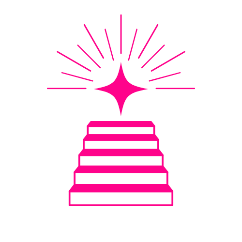Pink outlined staircase leading up to a starburst symbol on a black background.