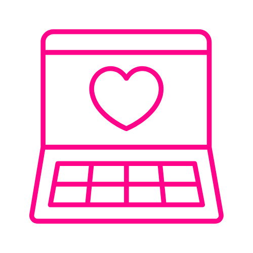 Pink outline of a laptop with a heart on the screen.