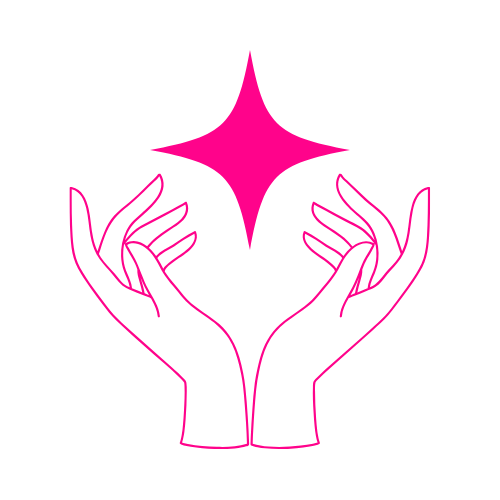 Outline of two hands in pink holding a glowing pink star against a black background.