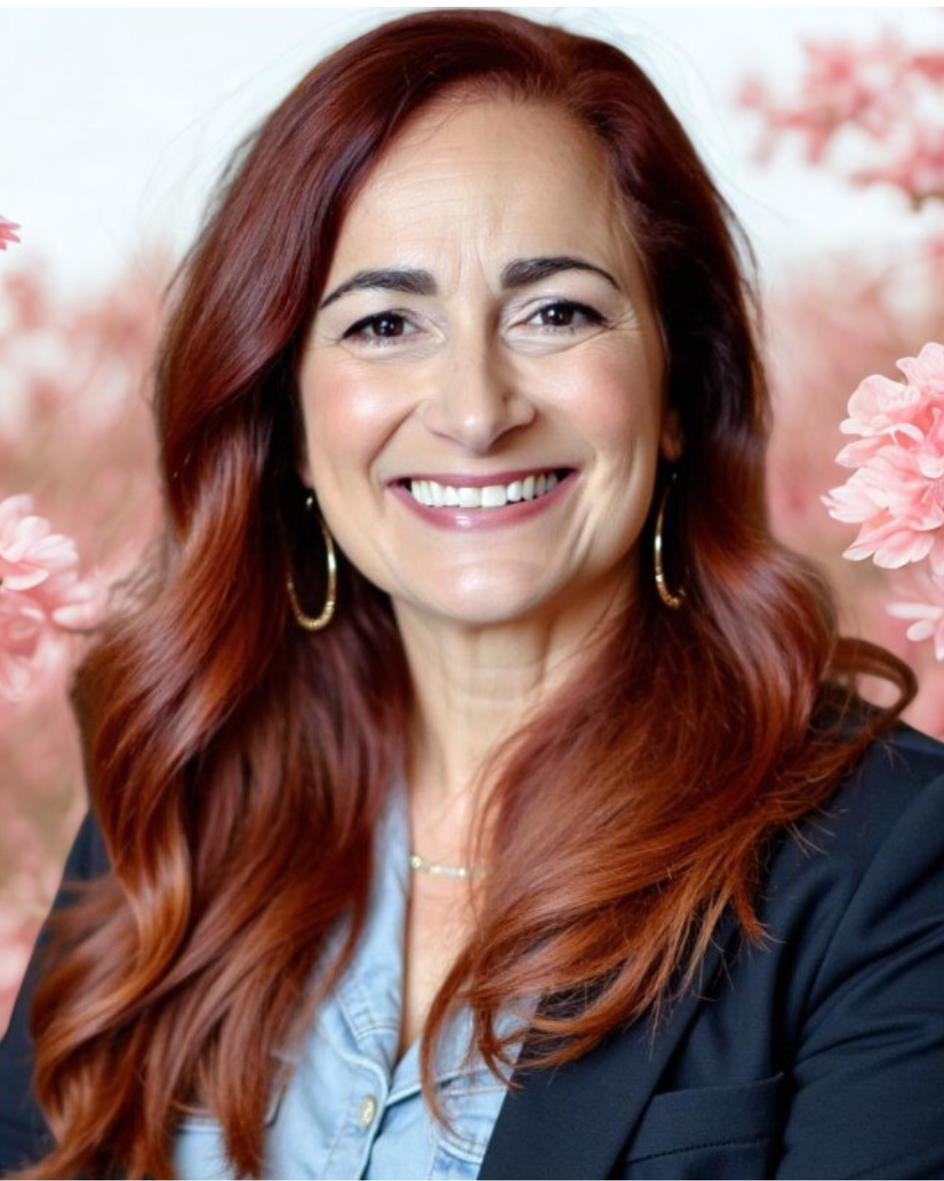 A woman with long red hair smiling and wearing hoop earrings, with pink flowers blurred in the background.