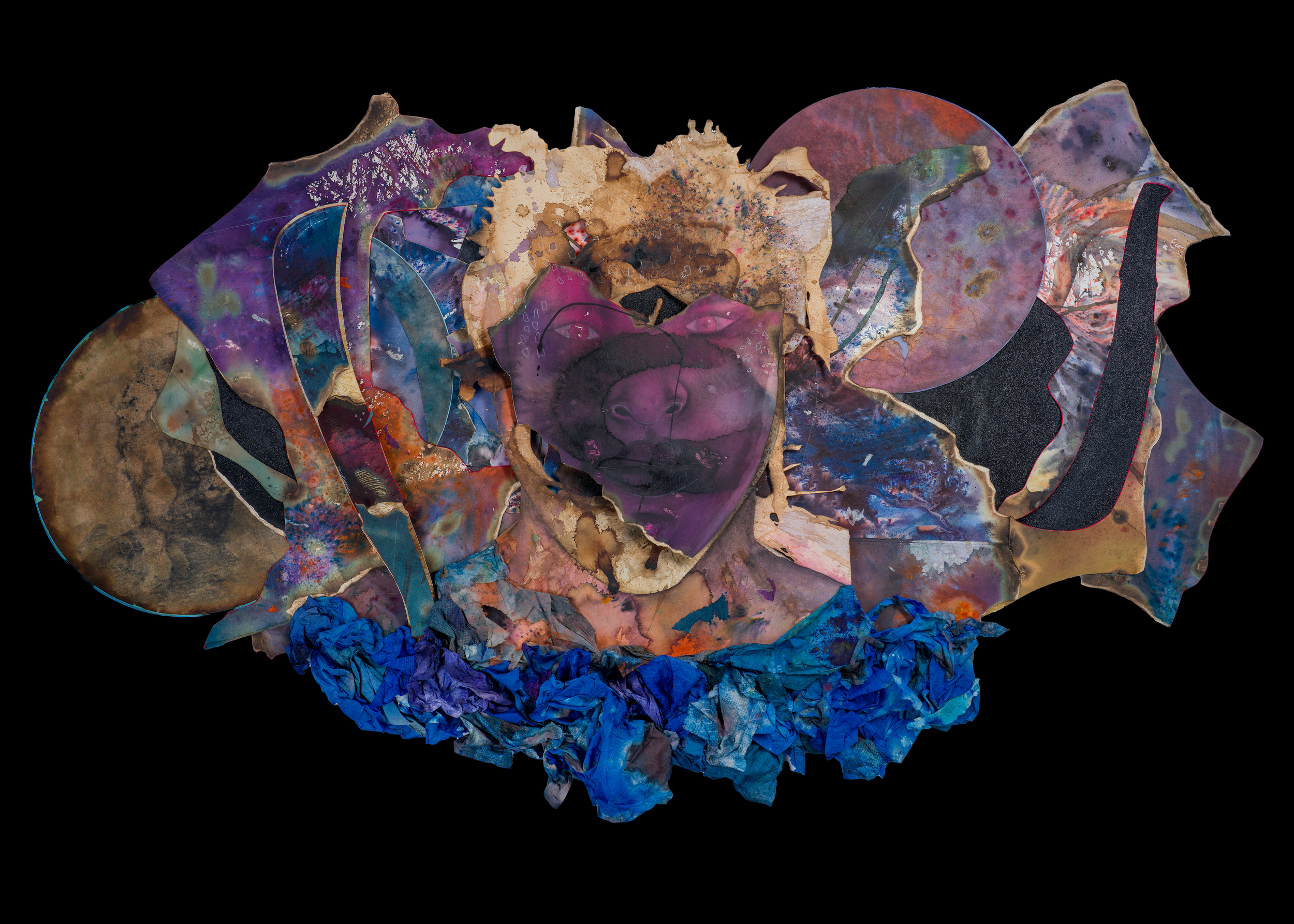 Untitled "Memory Series", 2025, coffee, pigment, collage, sèvyèt papye, 48" x 72"