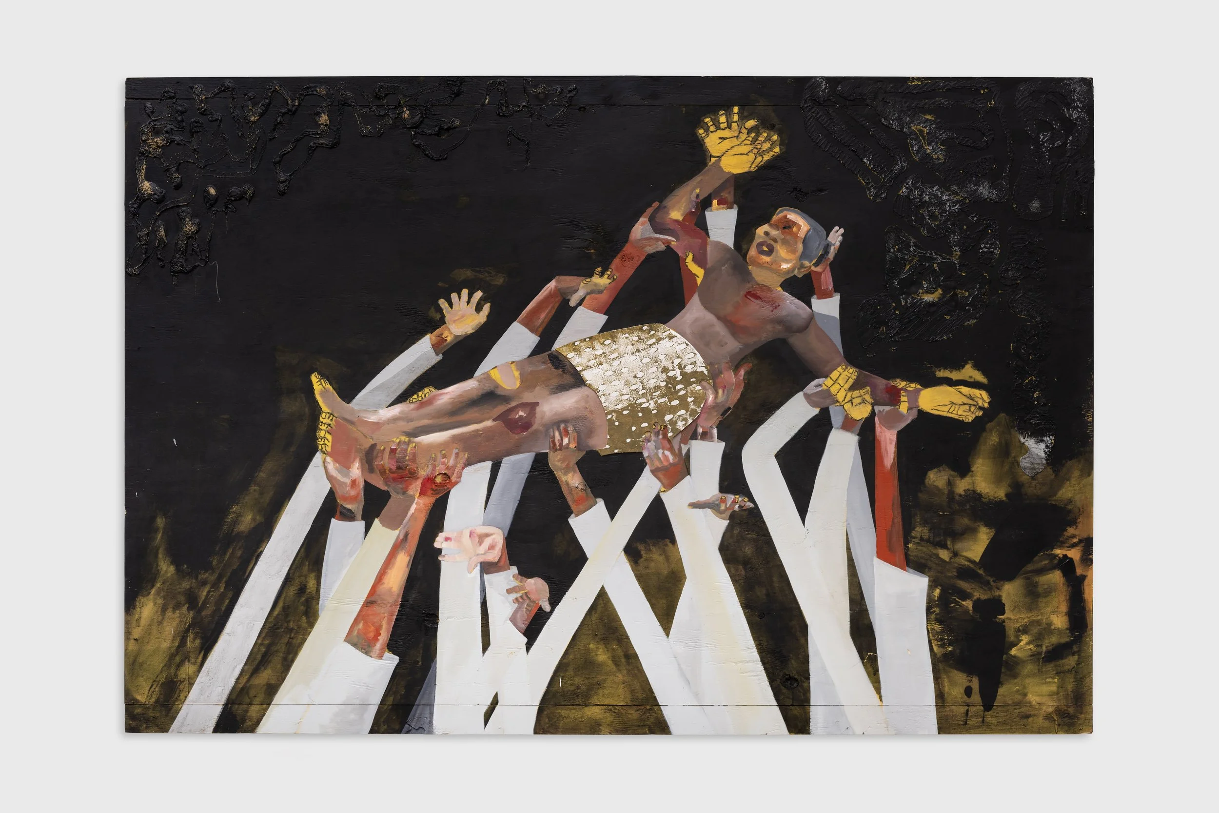 We Did It For You Son, 2023, leather, acrylic paint, pastel on wood, 52" x 79"