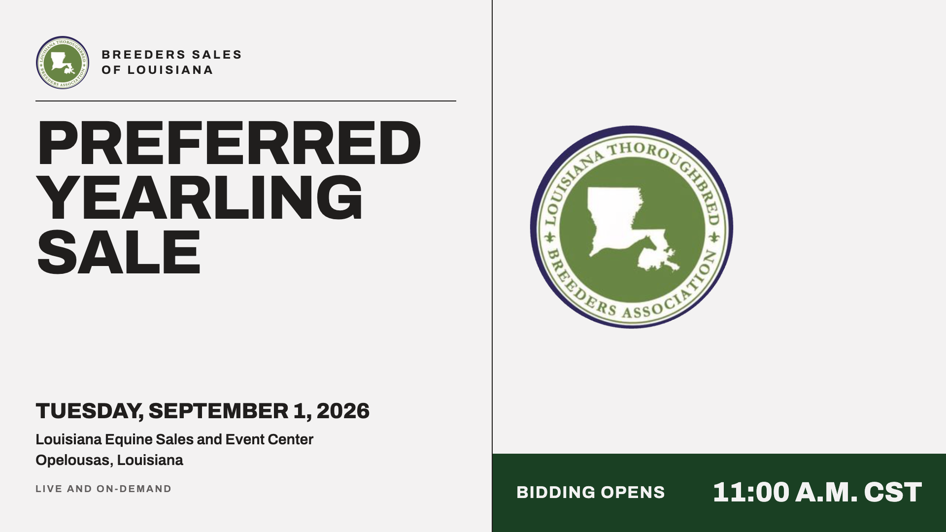Flyer for the Louisiana Breeders Association preferred yearly sale on Tuesday, September 1, 2026, at the Louisiana Equine Sales and Event Center in Opelousas, Louisiana, with bidding opening at 11:00 A.M. CST, available for live and on-demand viewing.