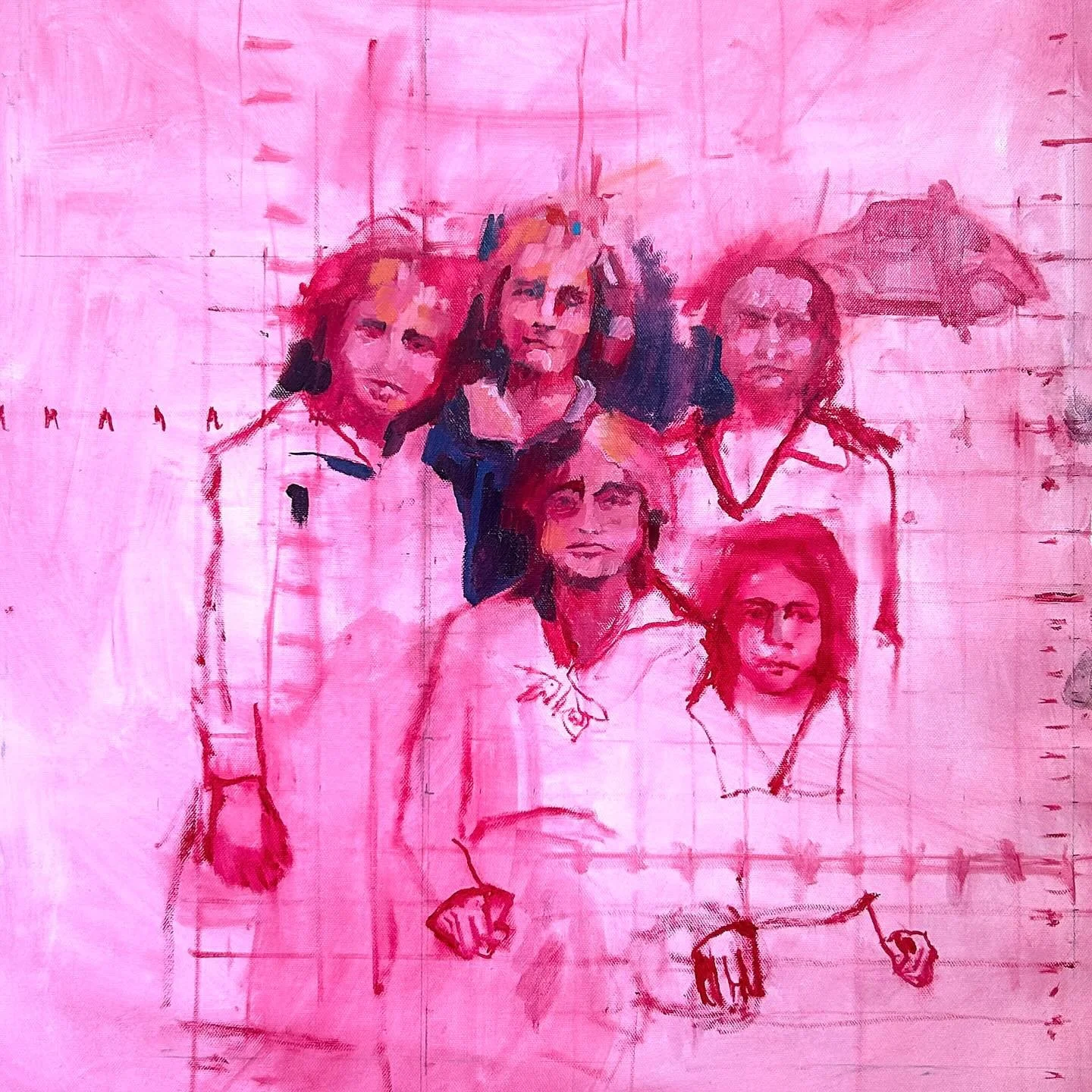 I’ve been wanting to turn this photo into a painting for a long time. A few years ago I inherited my grandmother’s photo albums and found this image of her (top middle) in her orphanage uniform with her fellow orphans and their “mis