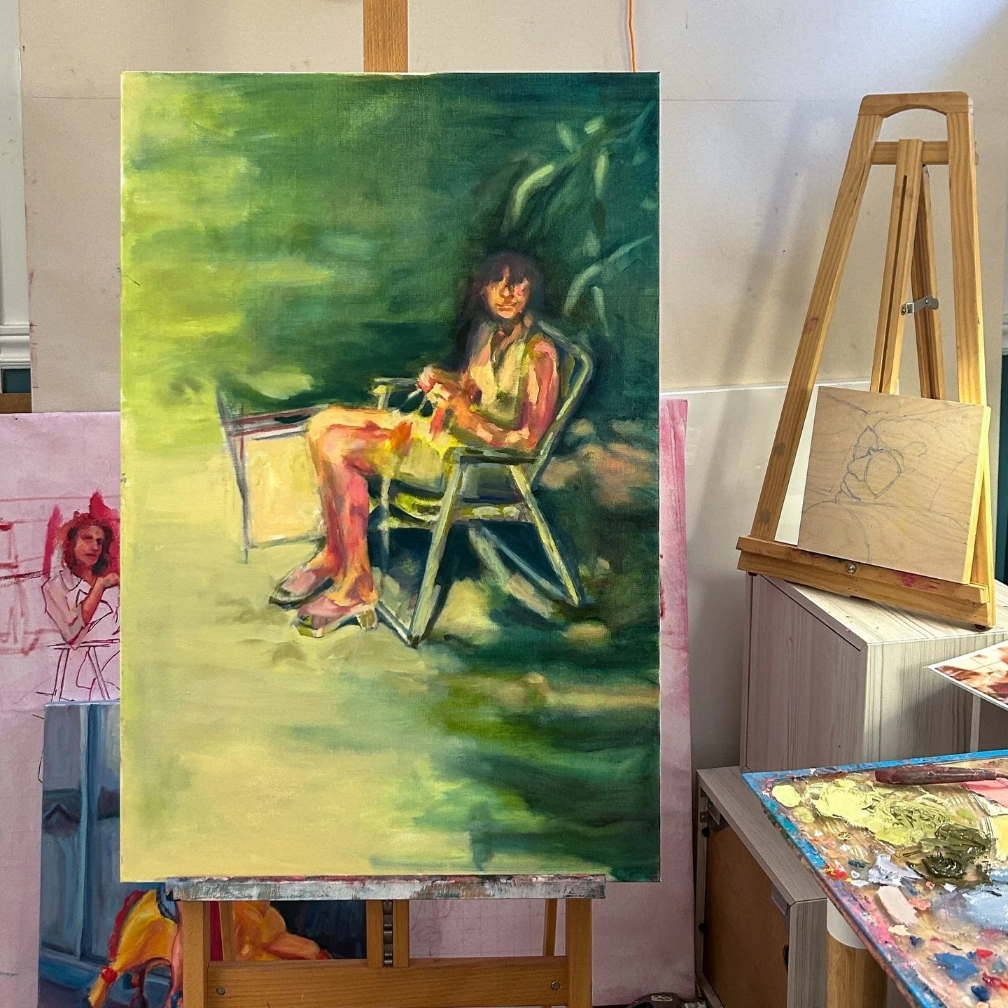 Today&rsquo;s view from my easel: working on this dreamy painting. My biggest issue is mixing the perfect colour and IMMEDIATELY forgetting what colours I used to get the colour. 😂 I have so many different paint tubes out and I experiment until I&rs