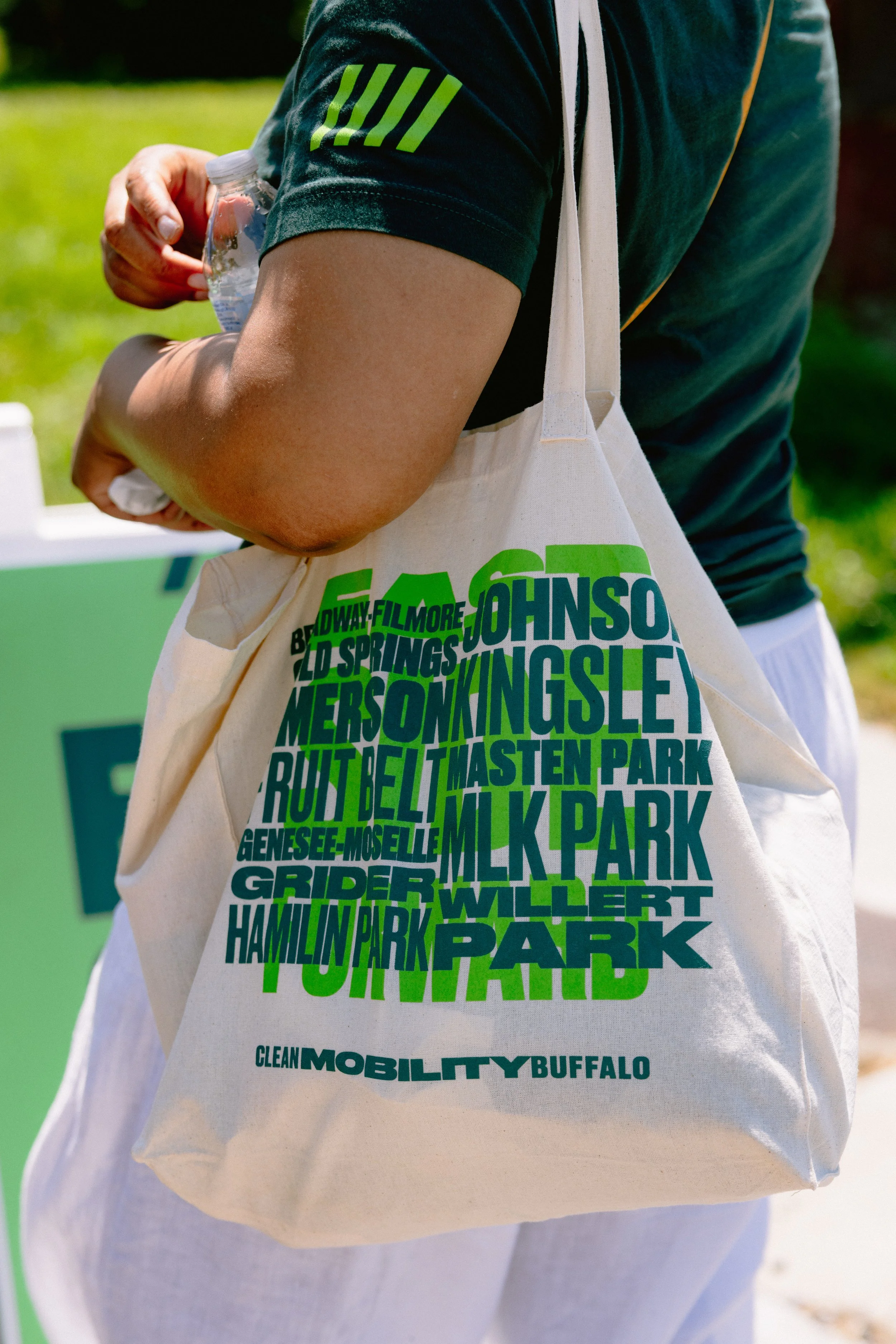 An East Side Neighborhood celebration tote bag — Broadway Fillmore, Cold Springs, Emerson, Fruit Belt, Genesee-Moselle, Grider, Hamlin Park, Johnson, Kingsley, Masten Park, MILK Park, Willert Park, East Side Forward