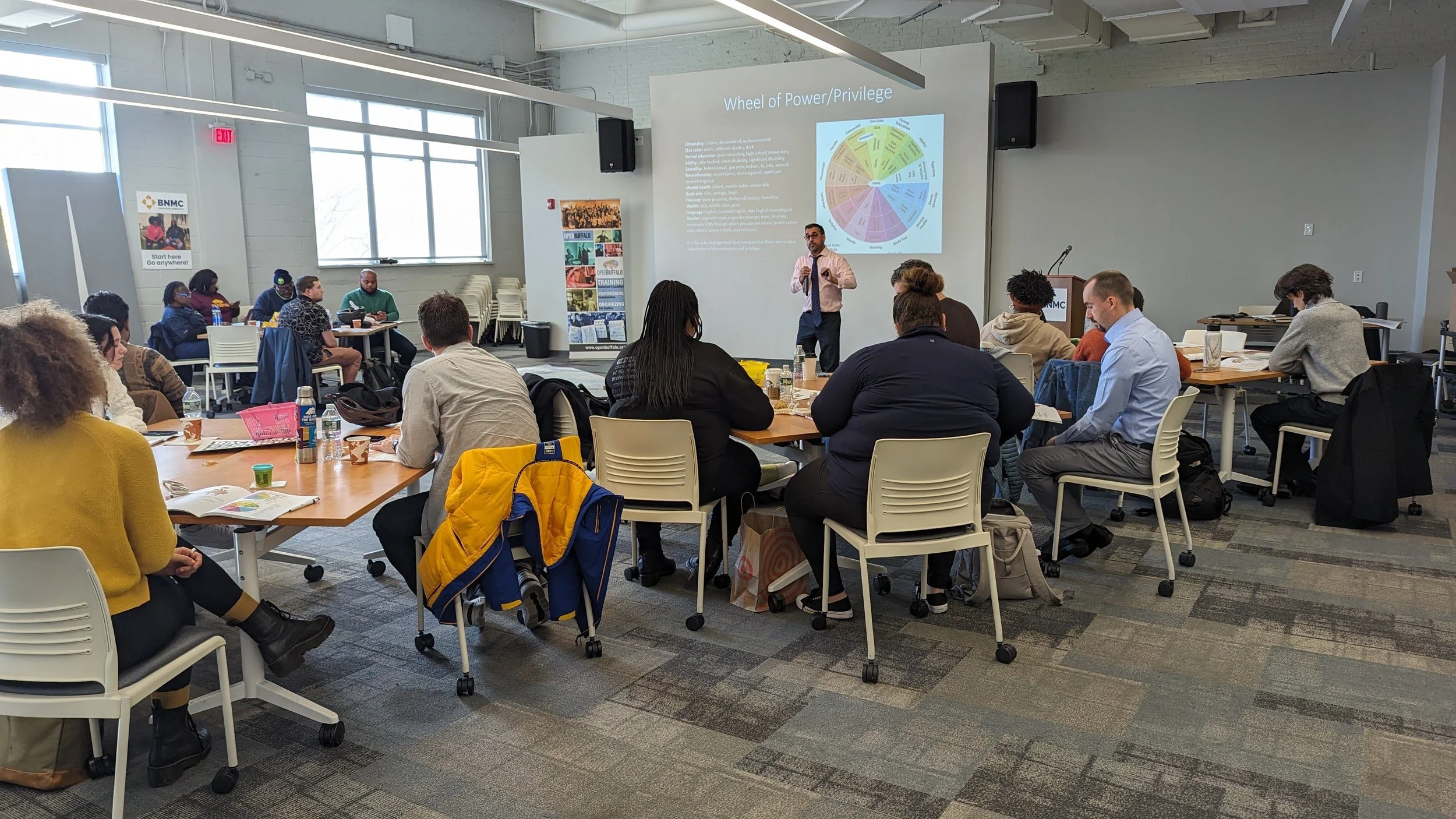 Race, Power, and Privilege Training 11/2/23 — A group of people sitting in a room listening to a presenter speak to the Wheel of Power/Privilege. 