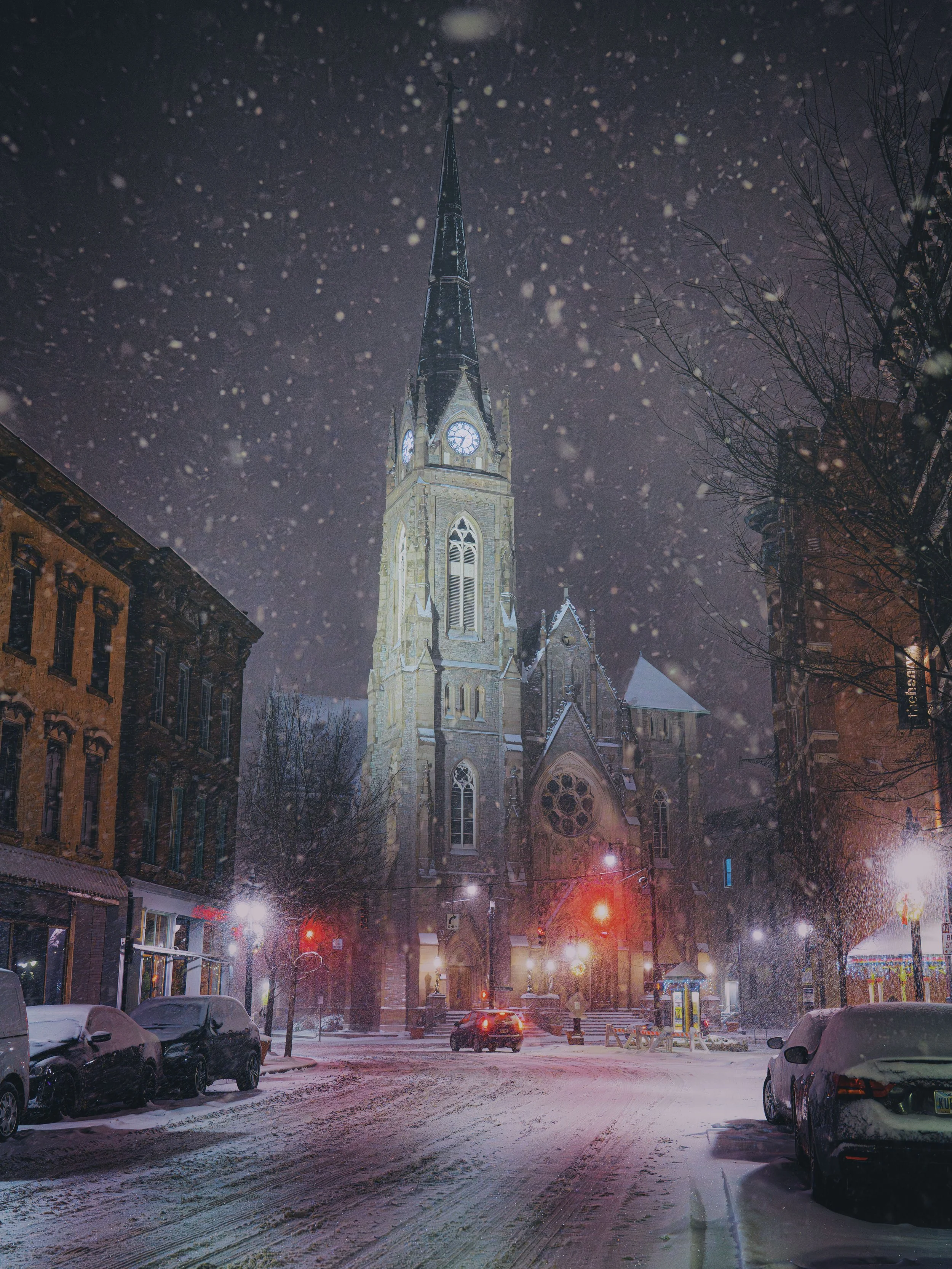 St. Frances de Sales on an early snowy December evening.