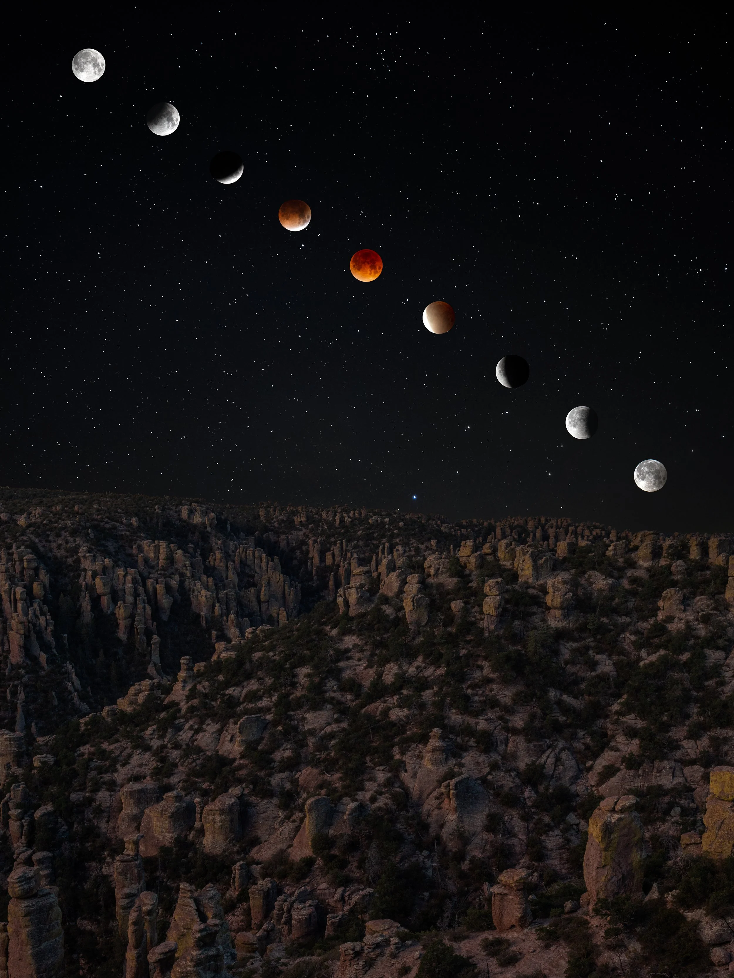 The 2026 Lunar Eclipse over Massai Point at Chiricahua National Monument in Arizona.  The full 5 hour transit captured on a beautiful clear night.