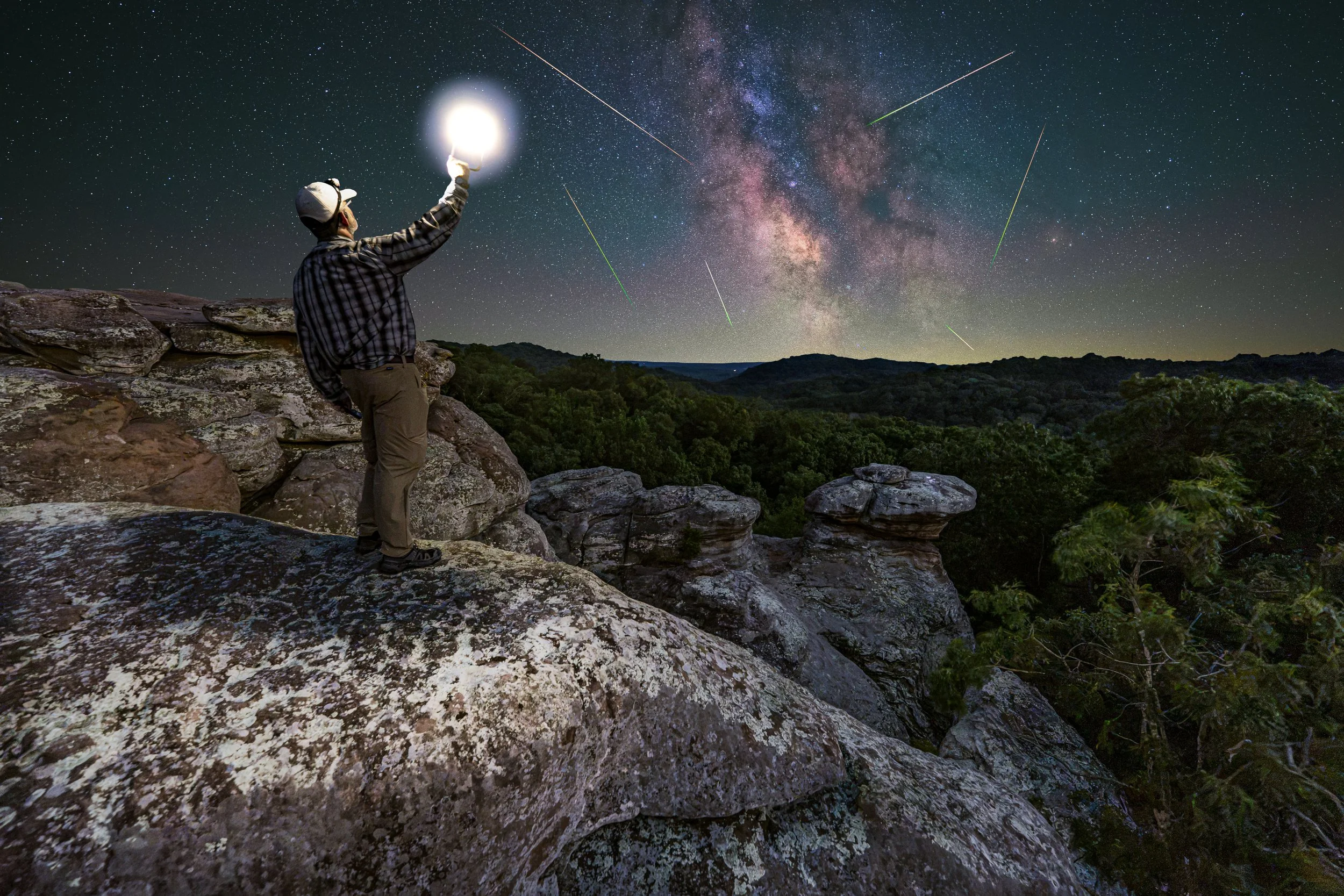 A creative composite of the Perseid Meteor Shower of 2026!  This was taken at Garden of the Gods, Illinois.