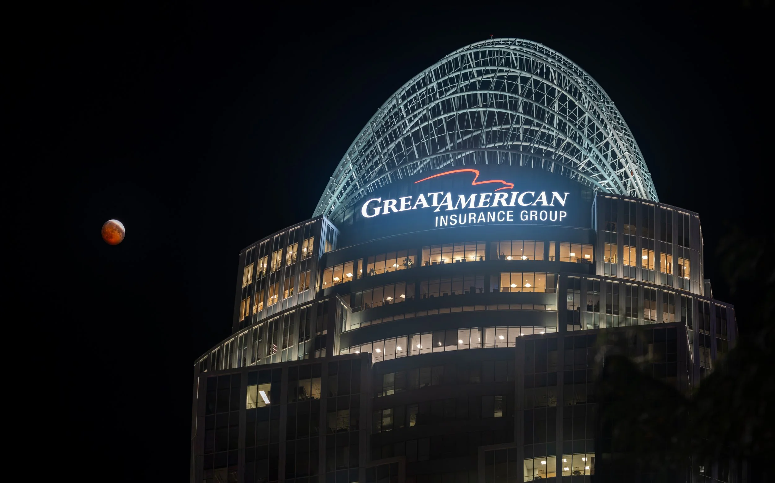 The almost there, partial lunar eclipse of 2026 taken next to Great American Tower in Downtown Cincinnati.