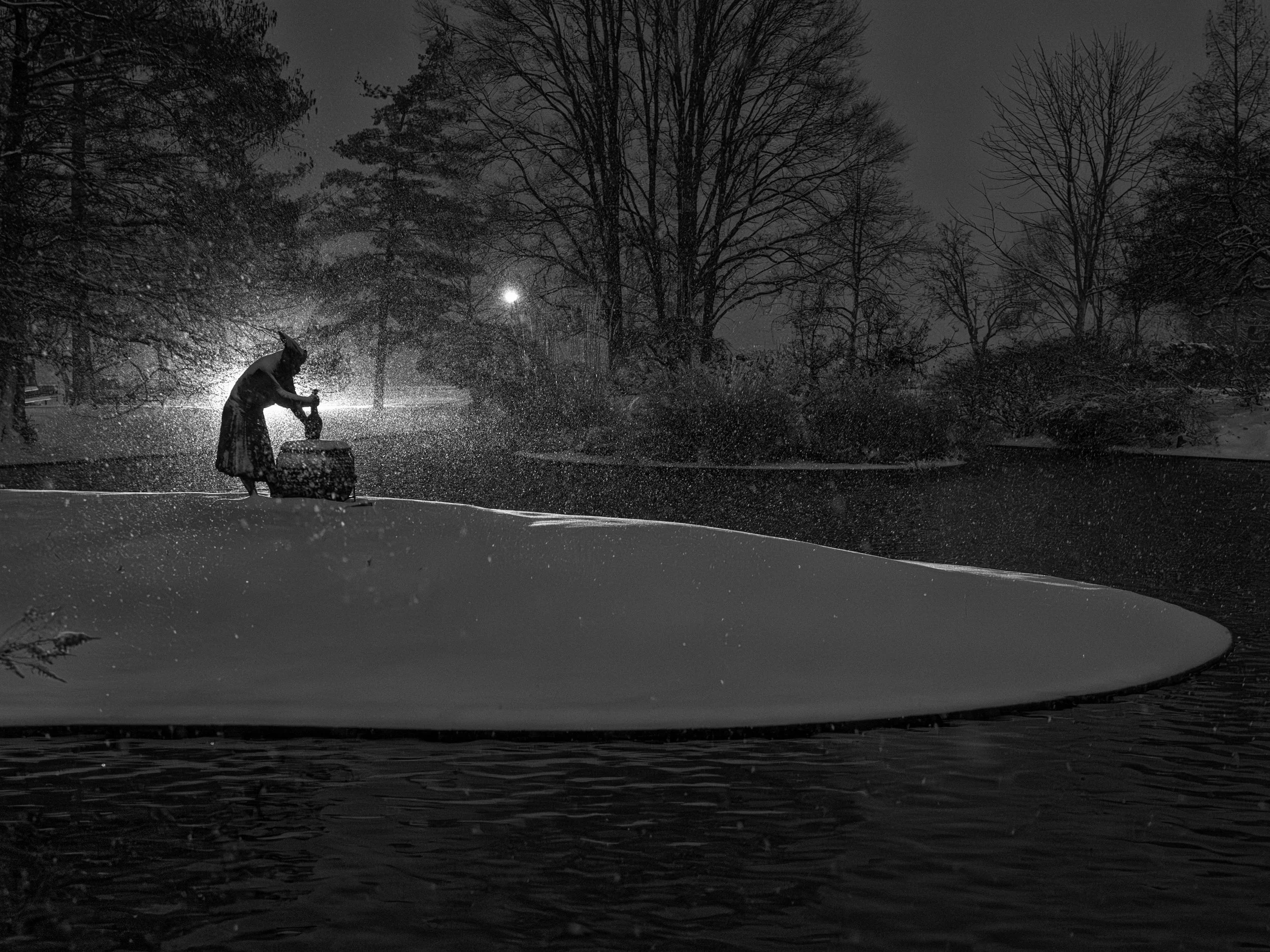 A snowy night at the Overlook in Eden Park.  