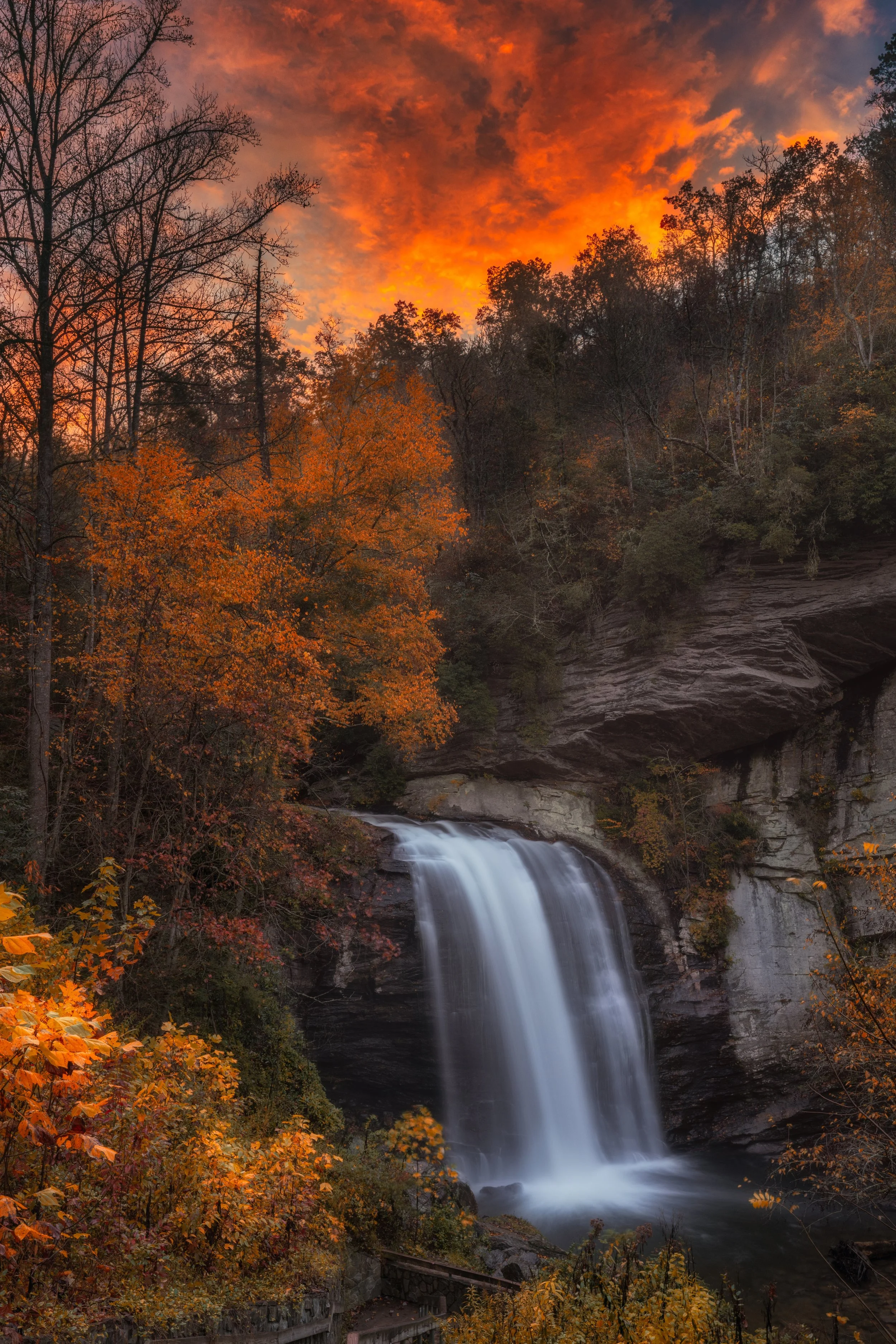 Looking Glass Falls in the Pisgah National Forest, North Carolina, during a spectacular fall sunrise.
