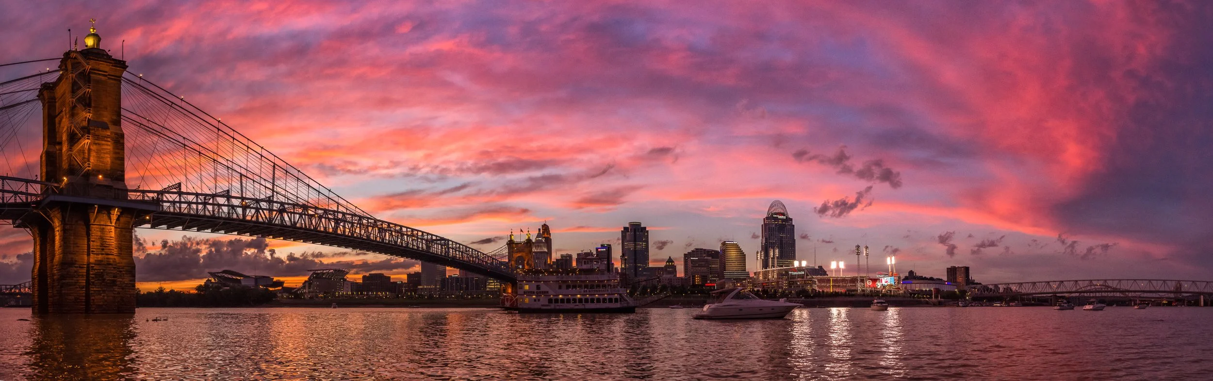 A blazing sunset over the Cincinnati Riverfront.