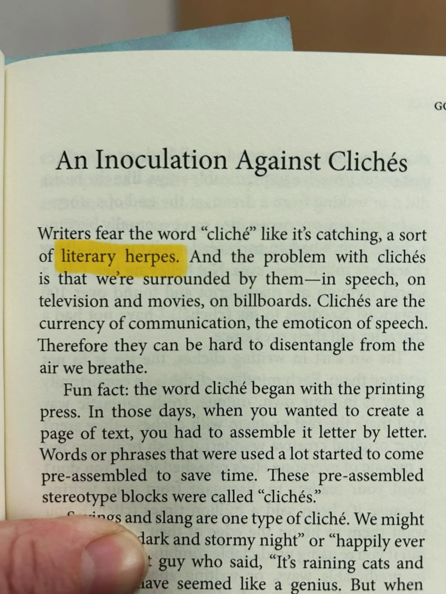🤣 Laughed out loud on the train reading this and now I&rsquo;ll never think of clich&eacute;s the same way again. 
From &ldquo;Going Short: An Invitation to Flash Fiction&rdquo; by Nancy Stohlman (p55)
