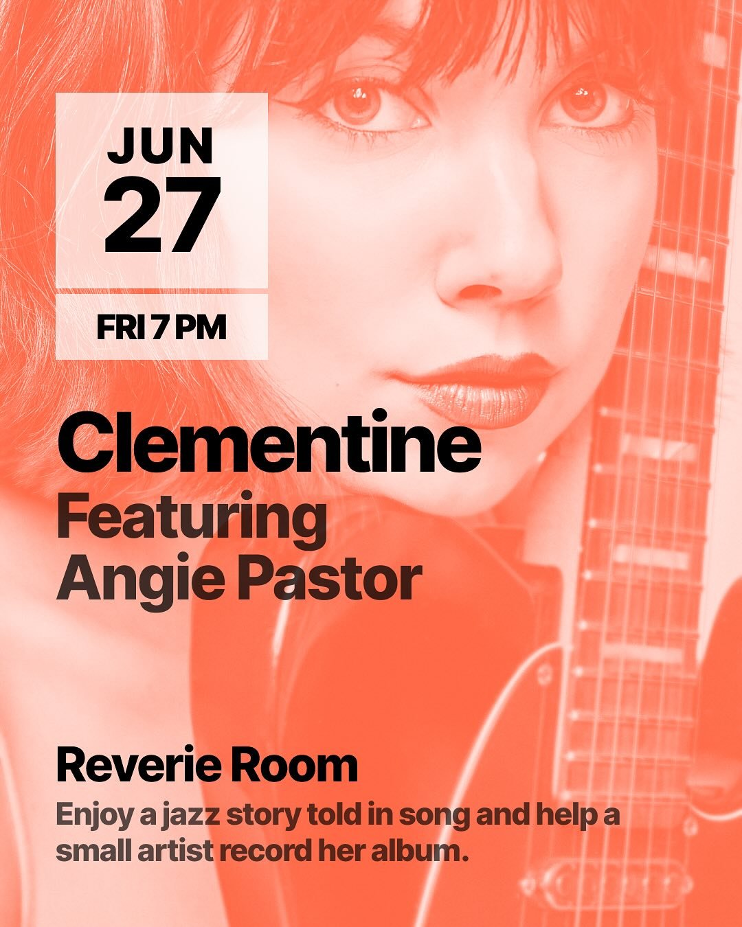 🎶 Clementine: A Jazz Story Told in Song
 Fri, June 27 | 7PM
 @ReverieRoomNYC &middot; 163 W 72nd St &middot; $20
Angie Pastor takes the stage with Clementine&mdash;a semi-fictional jazz fable set in 1940s NYC, told through original songs and smoky s